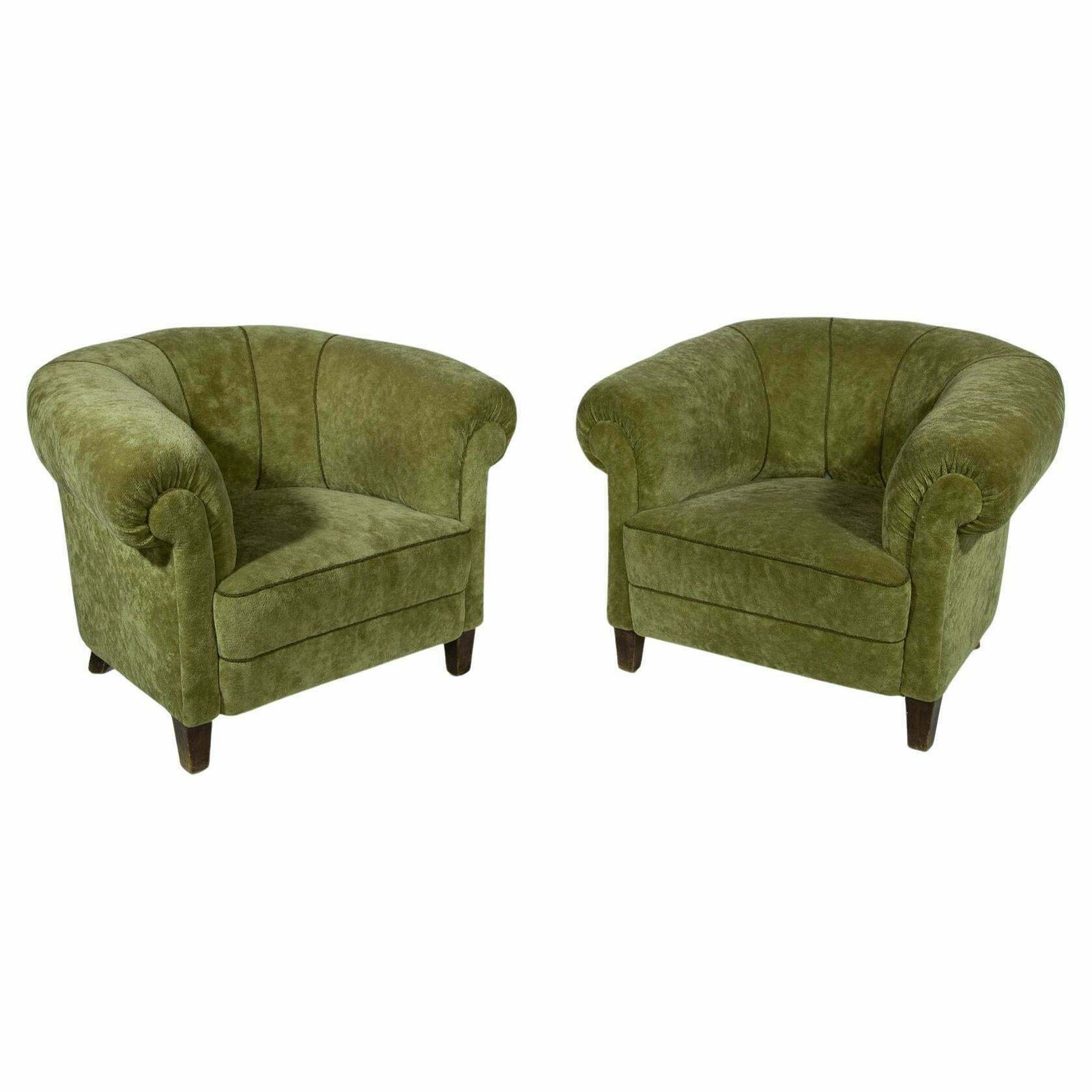 Art Deco Lounge Chairs In Green Olive Velvet Upholstery