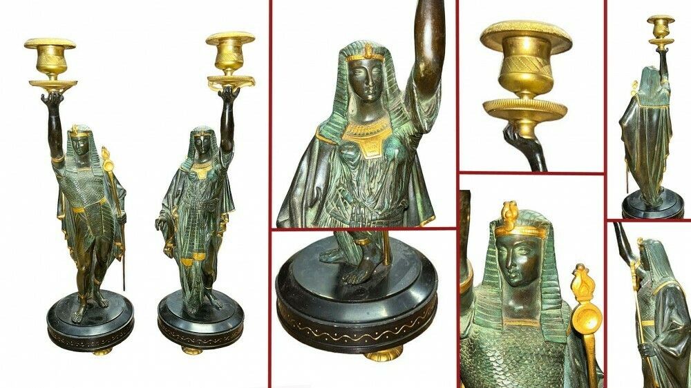 Pair Grand Tour Candelabras Egyptian Figurines Candlesticks 1840