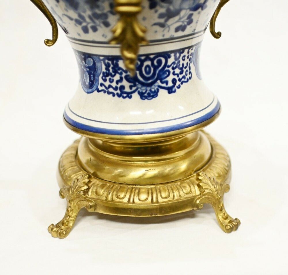 Delft Porcelain Clock Mantle Garniture Gilt Urns photo vintage