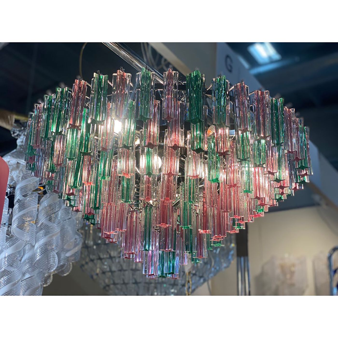 1970s Italian Vintage Green And Pink "Quadriedro" Murano Glass Chandelier photo Lighting
