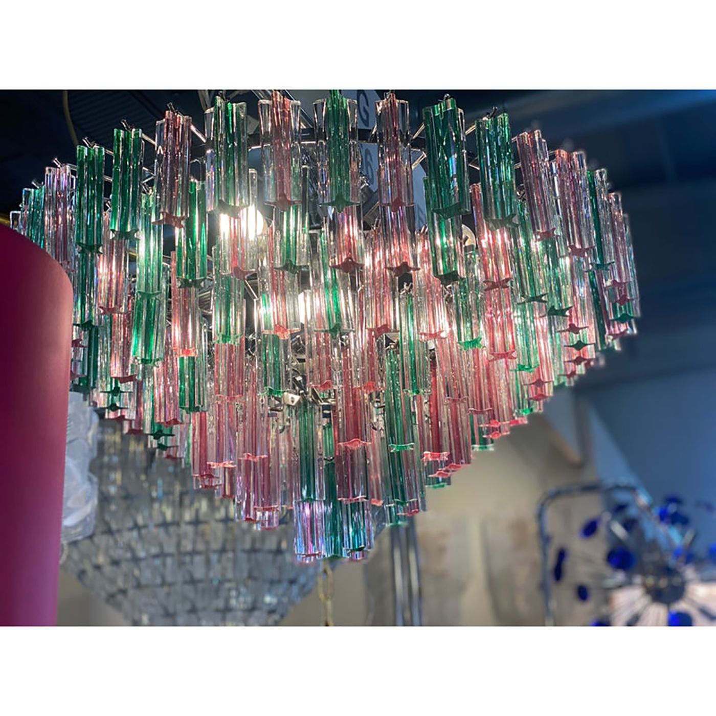 1970s Italian Vintage Green And Pink "Quadriedro" Murano Glass Chandelier photo buy