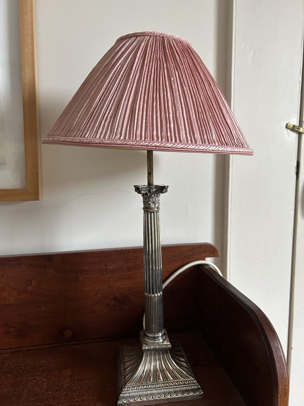 19th Century Silver Plated  Table Lamps With Dusty Pink Silk Shades photo furniture
