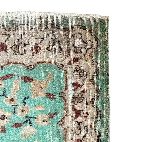 photo for sale Vintage Handmade Turkish Green Wool Rug   Handwoven Boho Rug