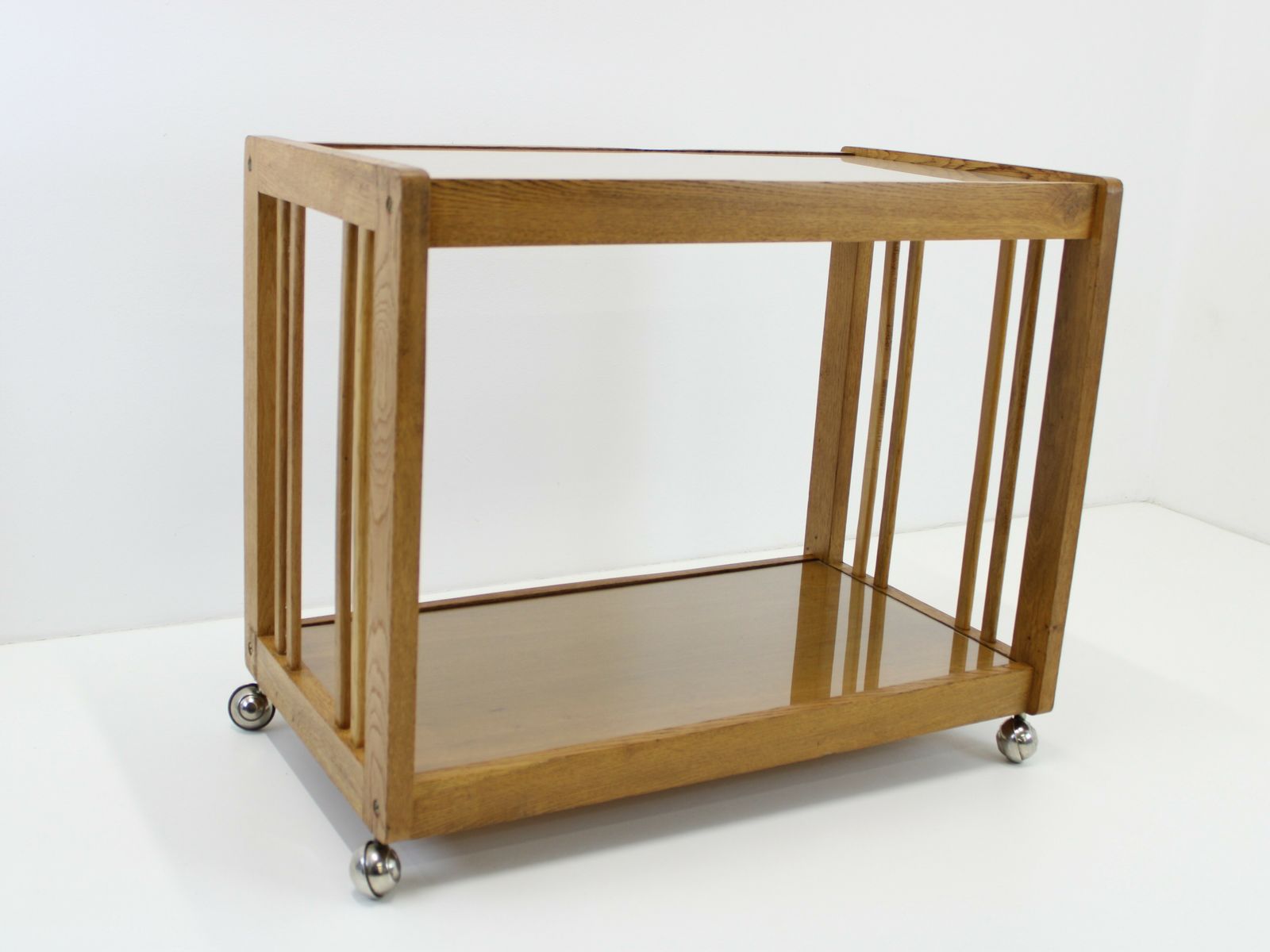 Mid Century Wooden Serving Trolley/Vintage Rolling Bar Cart/Tv Stand With Chrome Castors And Glass/Scandinavian Design 70's photo furniture