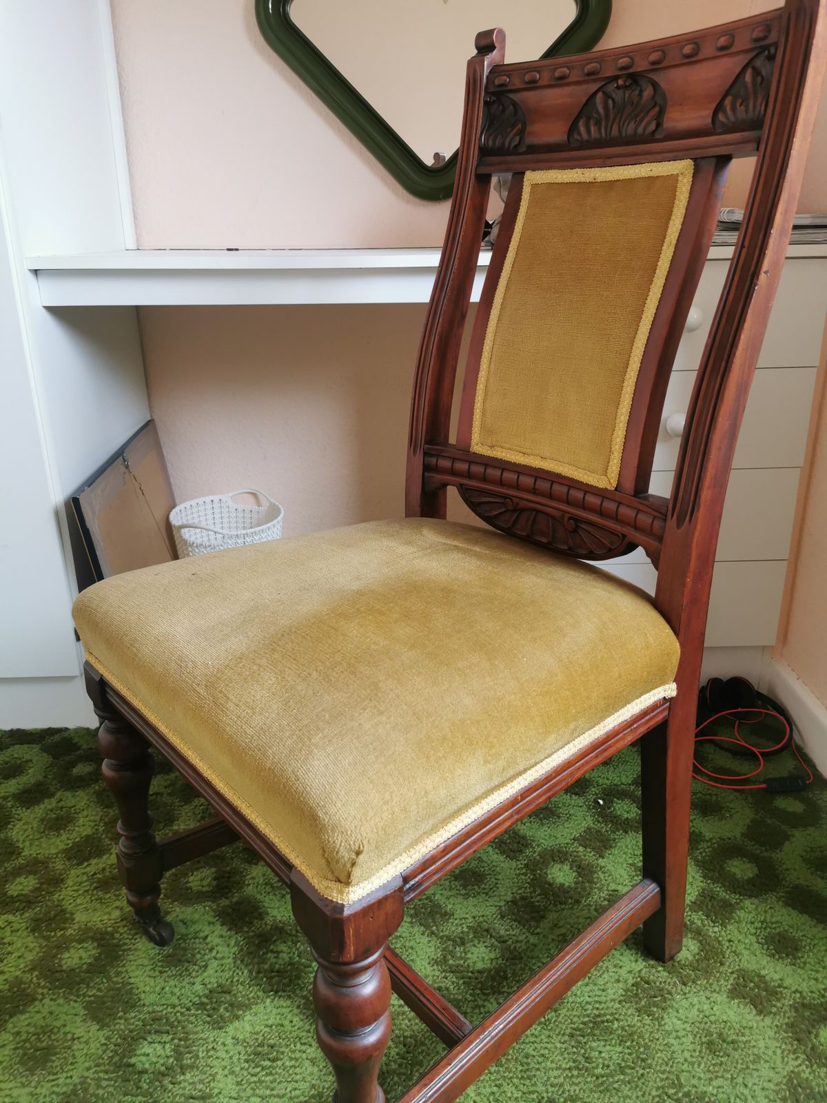 Set Of 4 Antique Oak And Velour Dining Chairs photo furniture