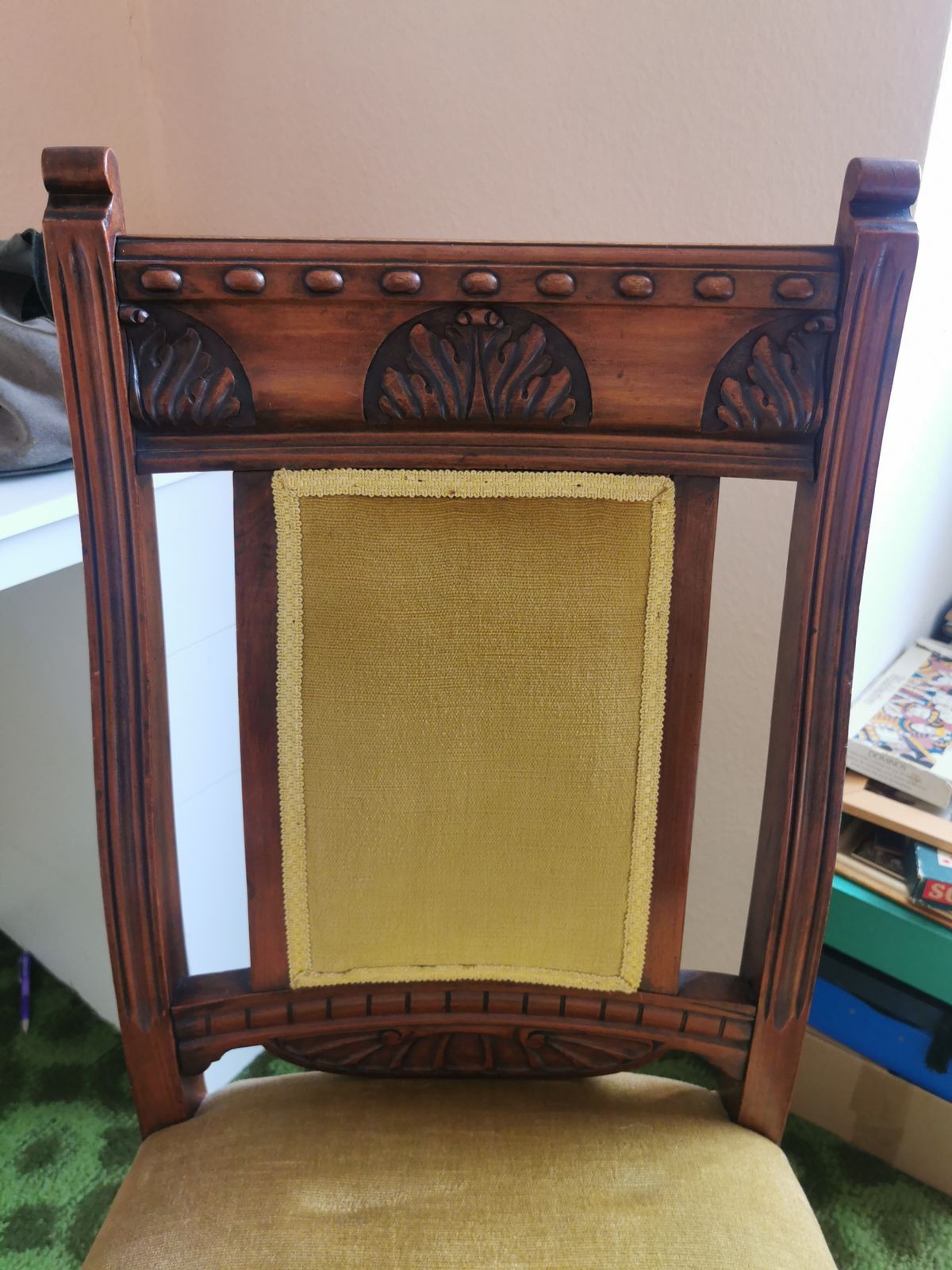 Set Of 4 Antique Oak And Velour Dining Chairs photo for sale