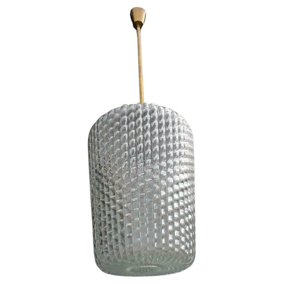 Mid Century Lantern Seguso Ceiling Lamp, Murano Glass And Brass, 1940s