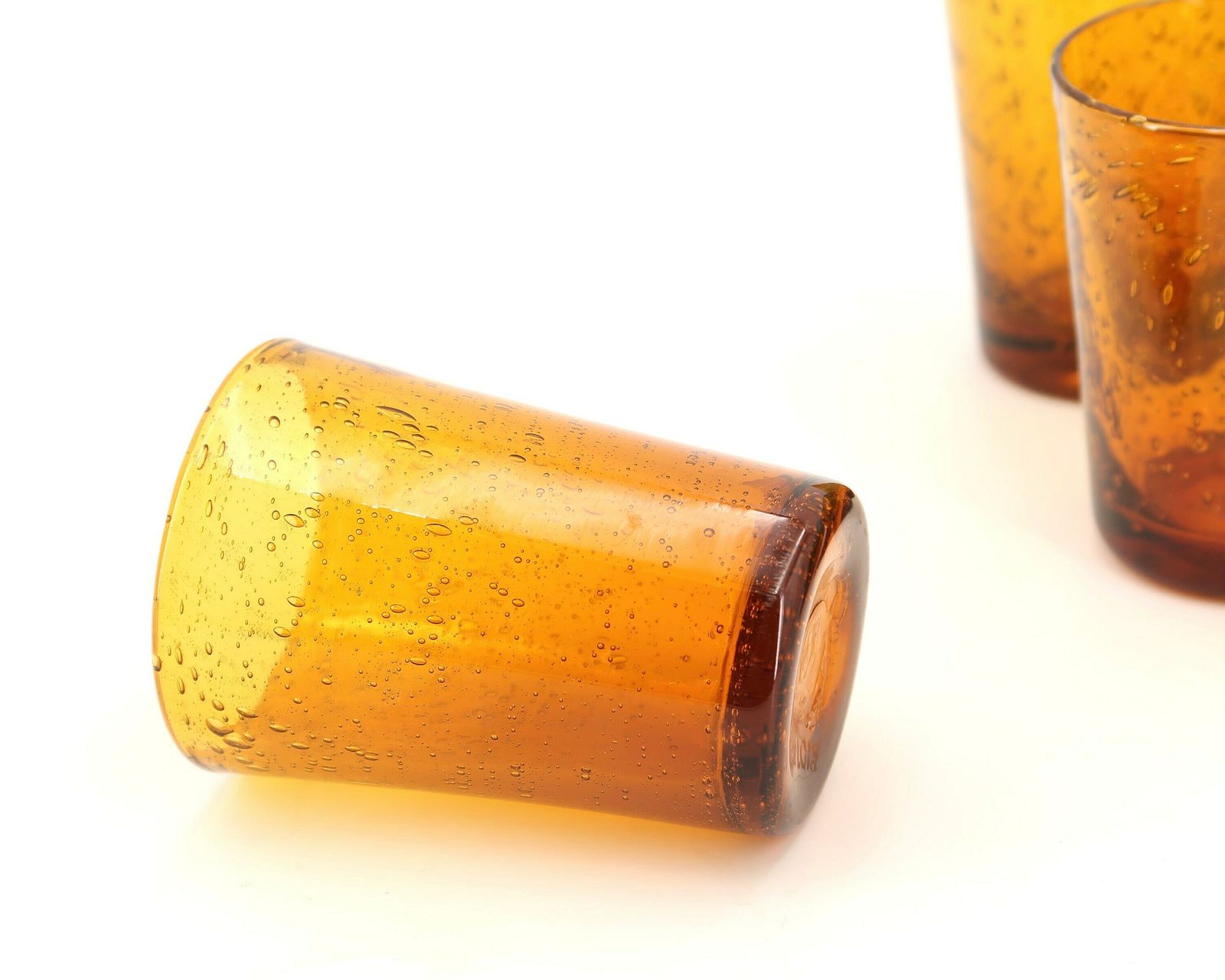 Six French Amber Porto Glasses From Biot, 1970s / Brown, Boho Chic, Folk, Costa Riviera, France photo for sale