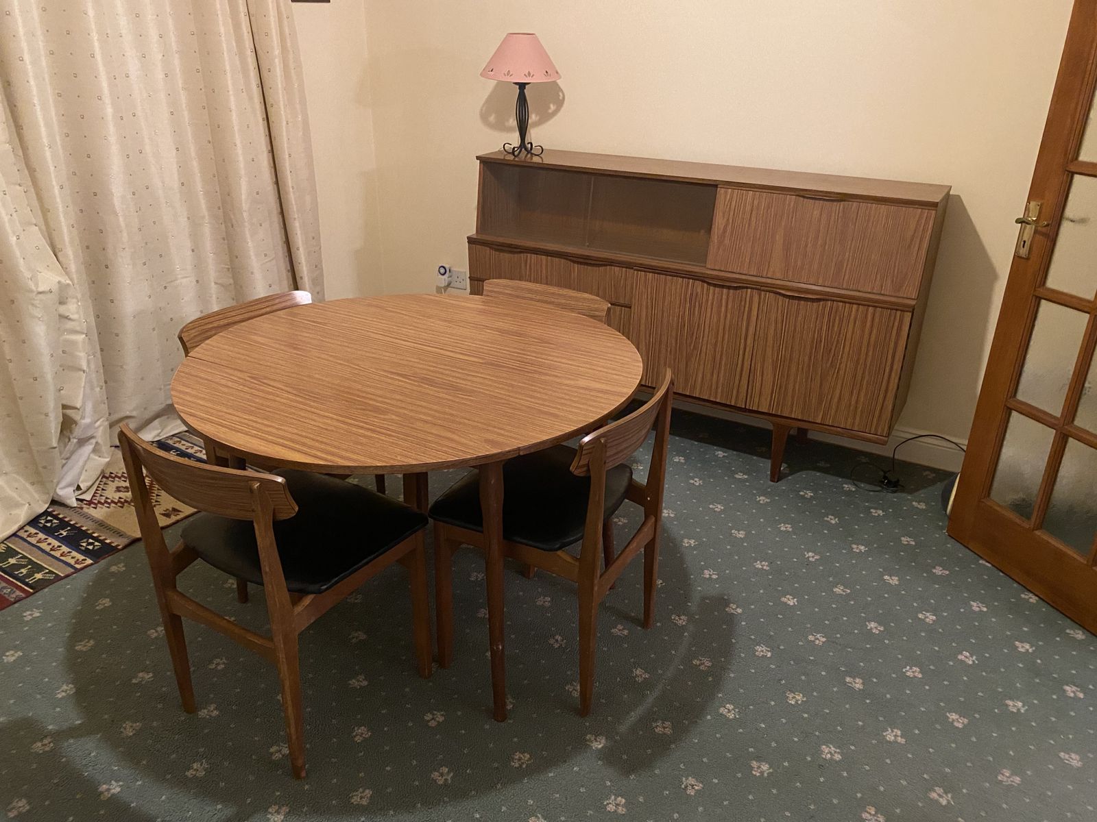 Dining Table Circle Drop Flap With 4 Chairs In Teak Veneer Finish 115 Cm Diameter (60cm Closed)
