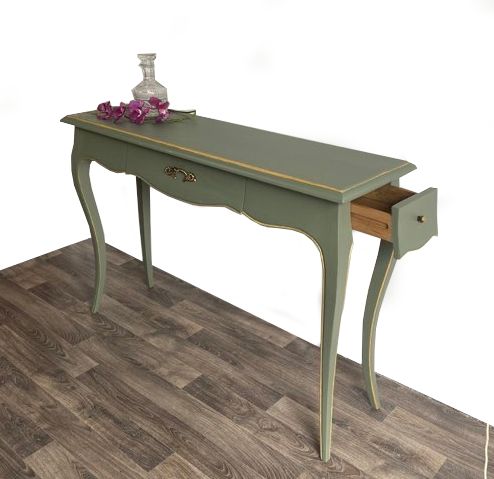 1970s Green & Gold Mid Century Vintage Solid Wood Dressing Table Hand Painted, Refurbished photo furniture