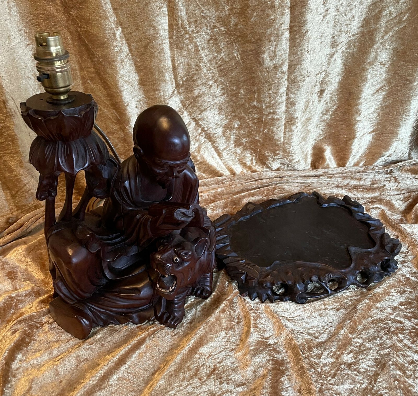 Antique Late. C19th Chinese Carved Root Wood Lamp photo vintage