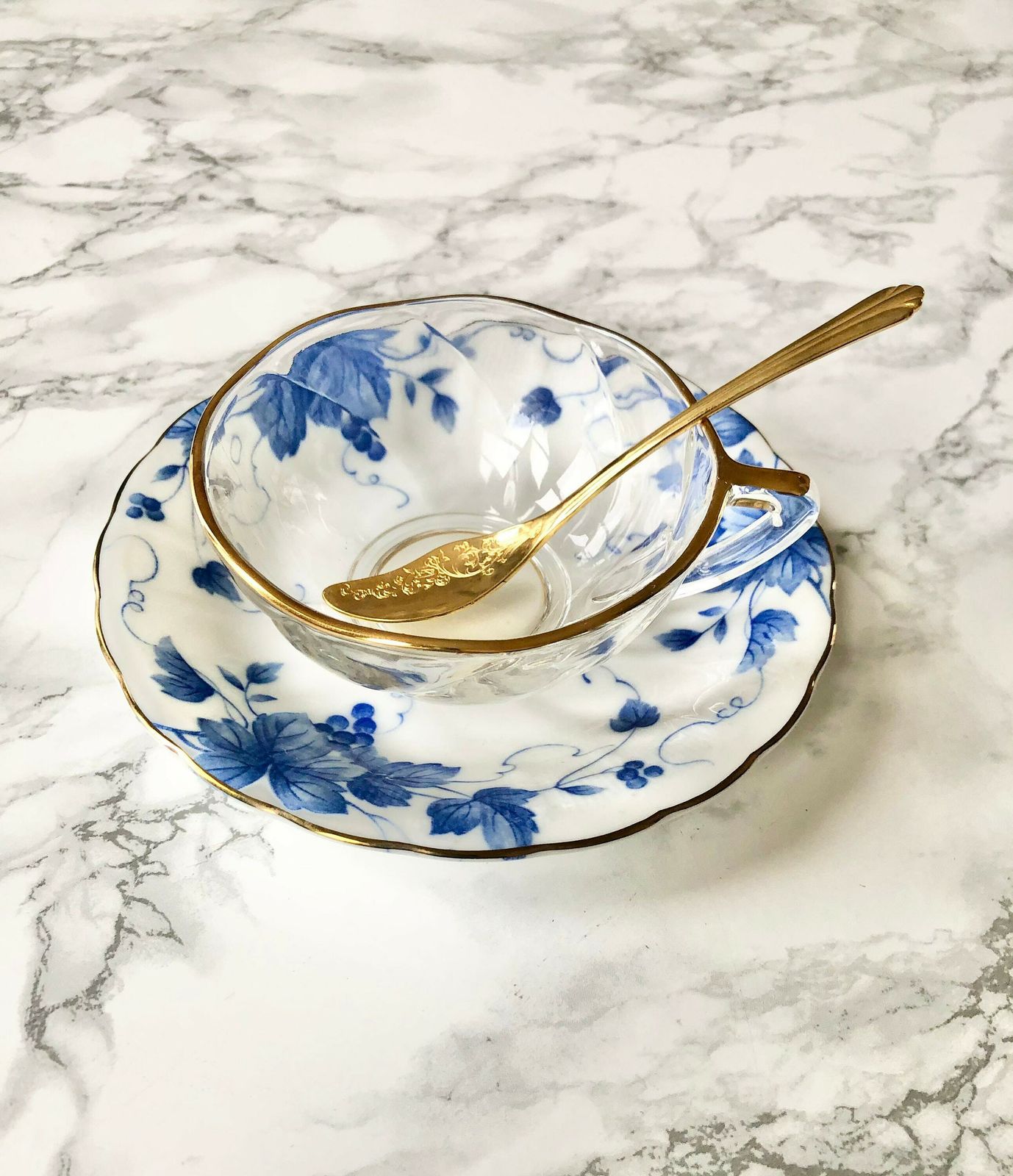 Kuriyama Japon   Nice Set Consisting Of A Glass Cup And A Porcelain Saucer With Blue Flowers photo furniture