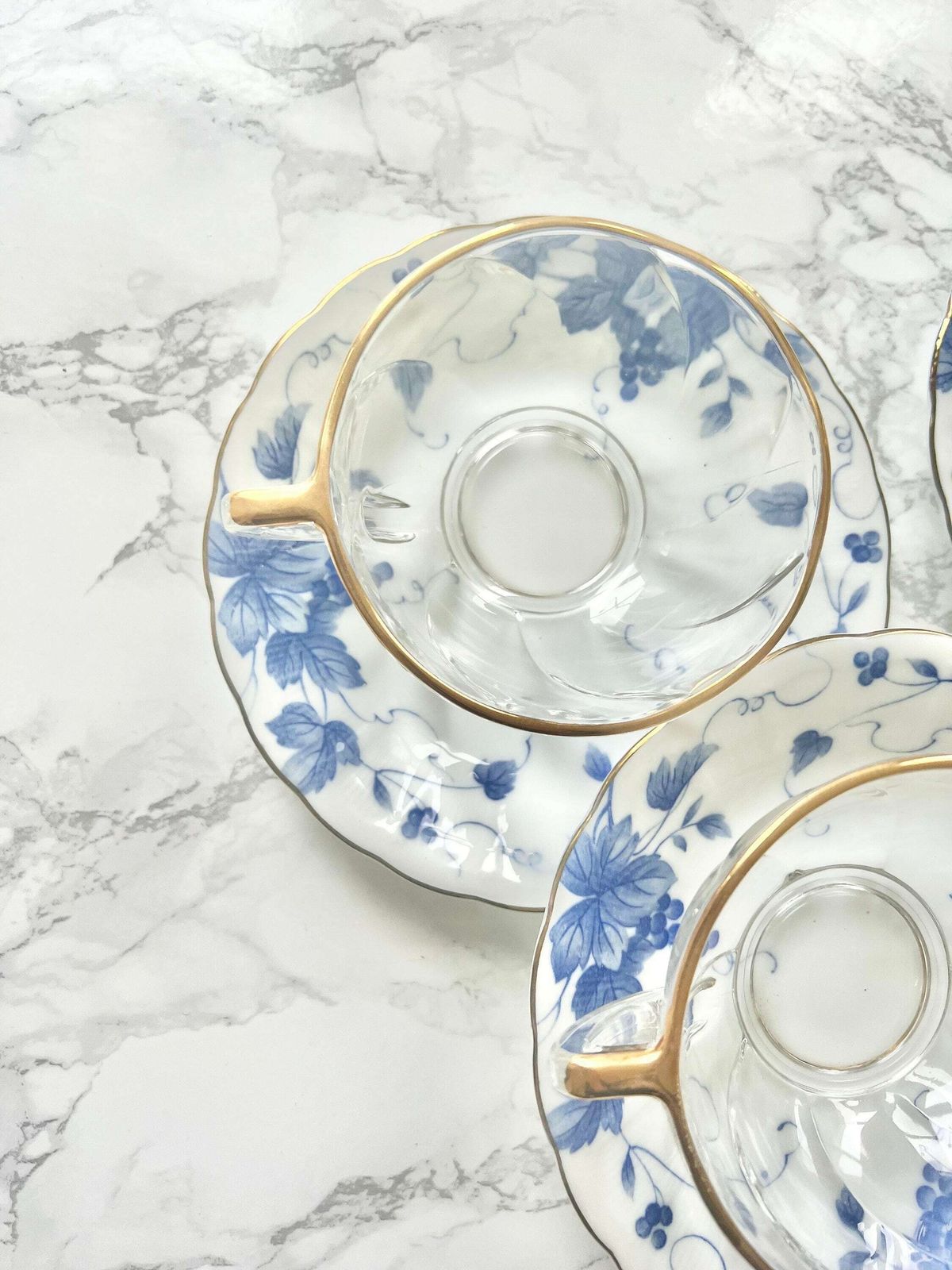 Kuriyama Japon   Nice Set Consisting Of A Glass Cup And A Porcelain Saucer With Blue Flowers photo for sale