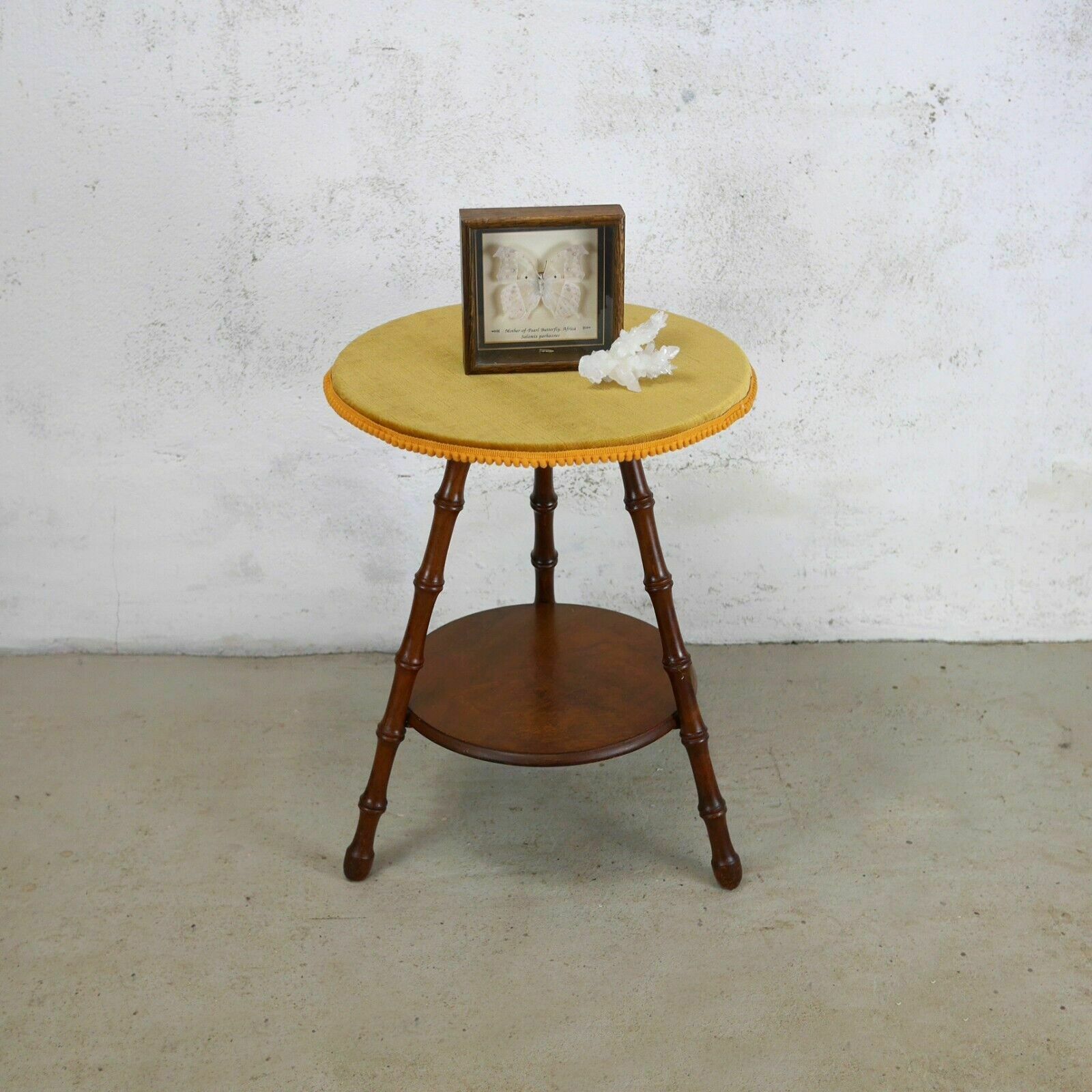Antique Victorian Faux Bamboo Tripod Round Side Lamp Table Mustard Velvet photo furniture