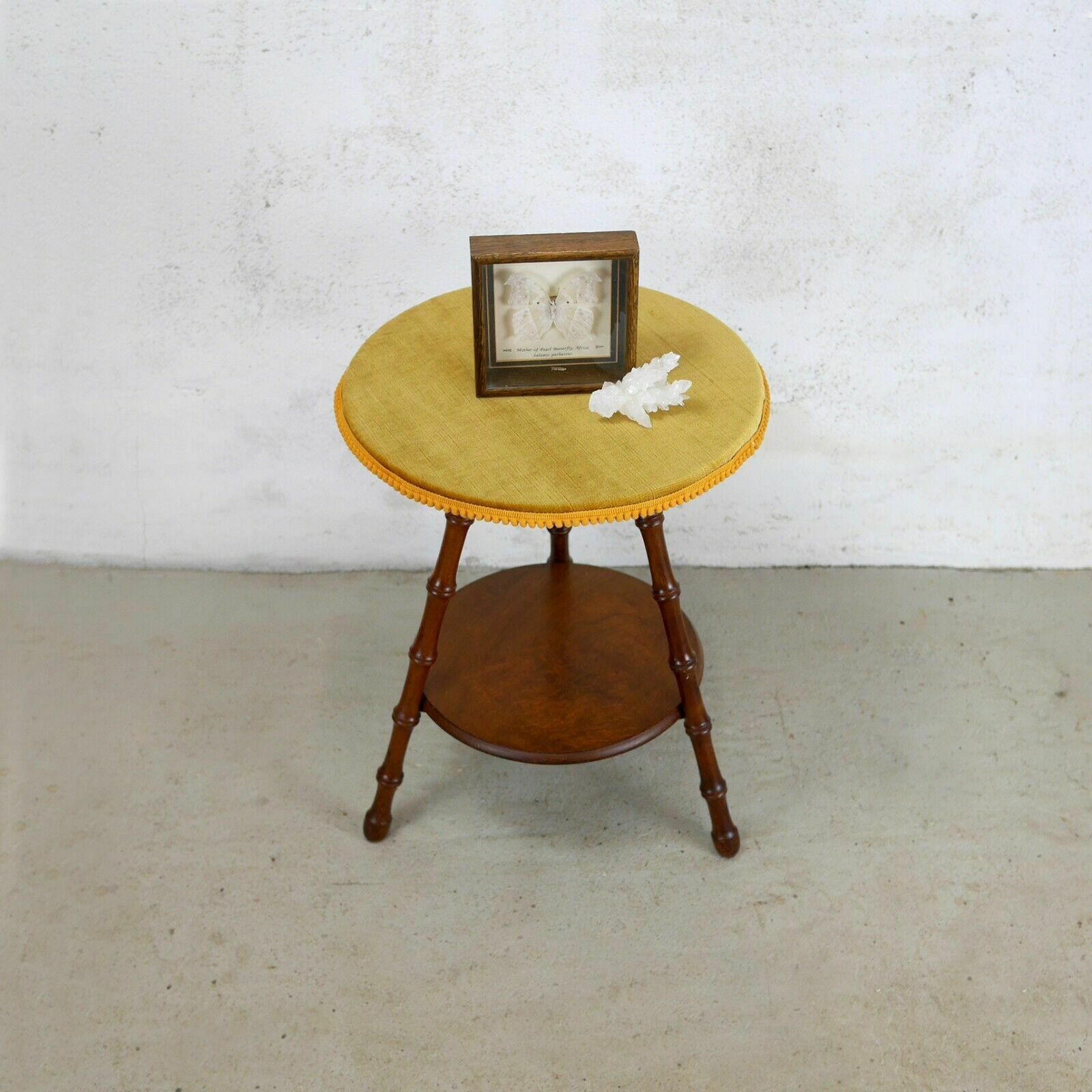 Antique Victorian Faux Bamboo Tripod Round Side Lamp Table Mustard Velvet photo Furniture