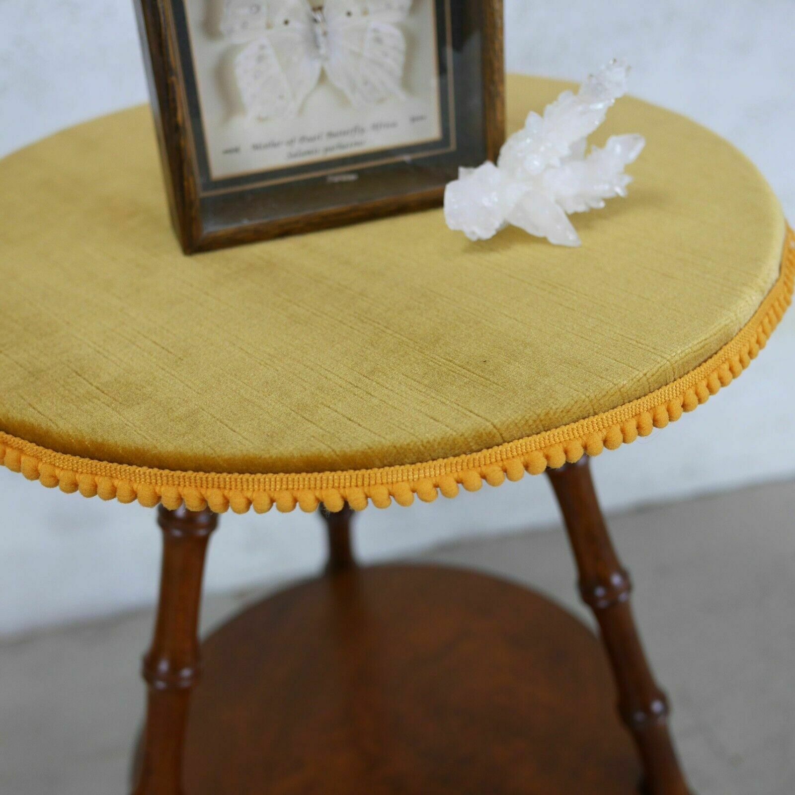 Antique Victorian Faux Bamboo Tripod Round Side Lamp Table Mustard Velvet photo 320.0