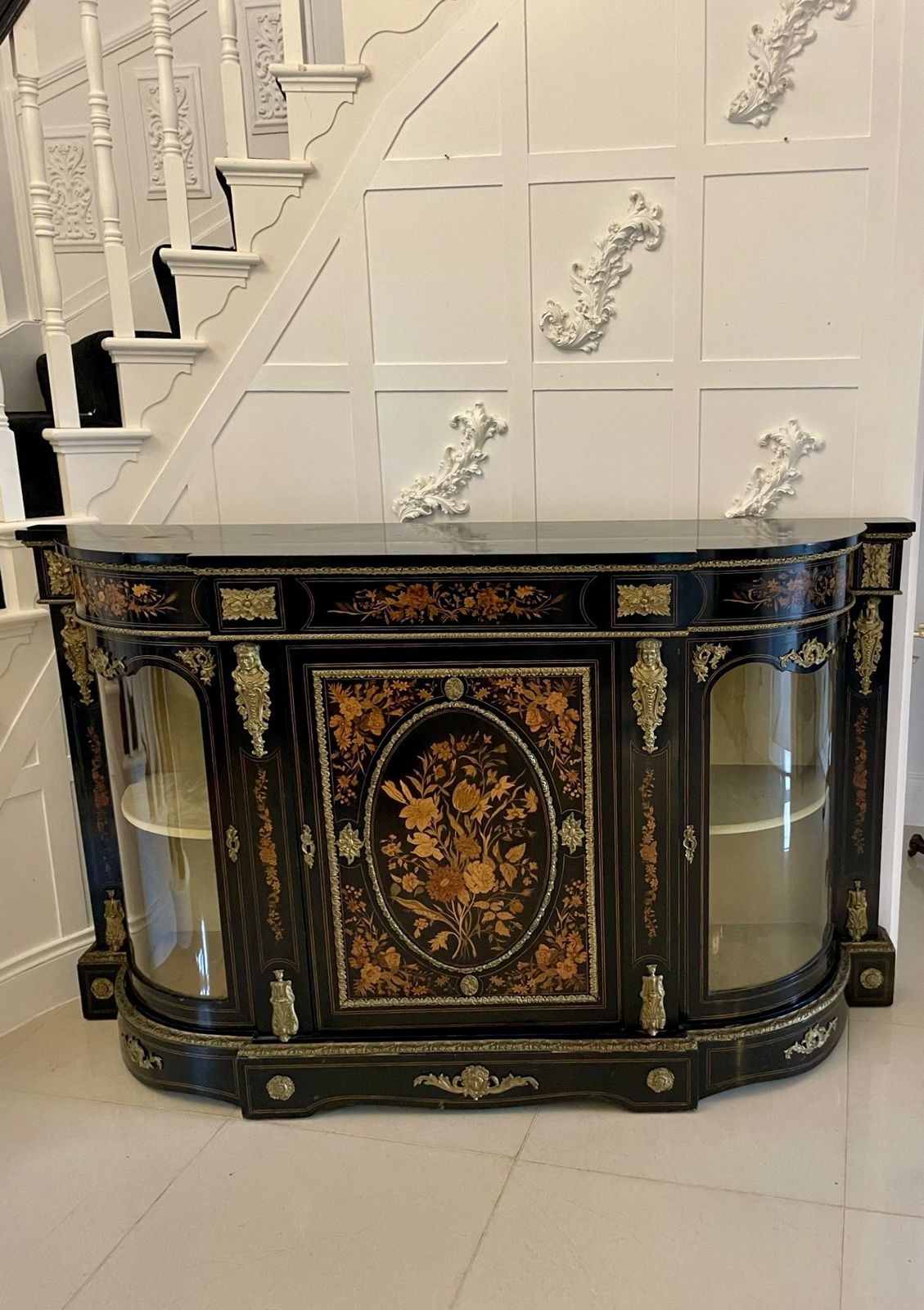 Outstanding Quality Antique Ebonised And Inlaid Floral Marquetry Credenza photo vinterior