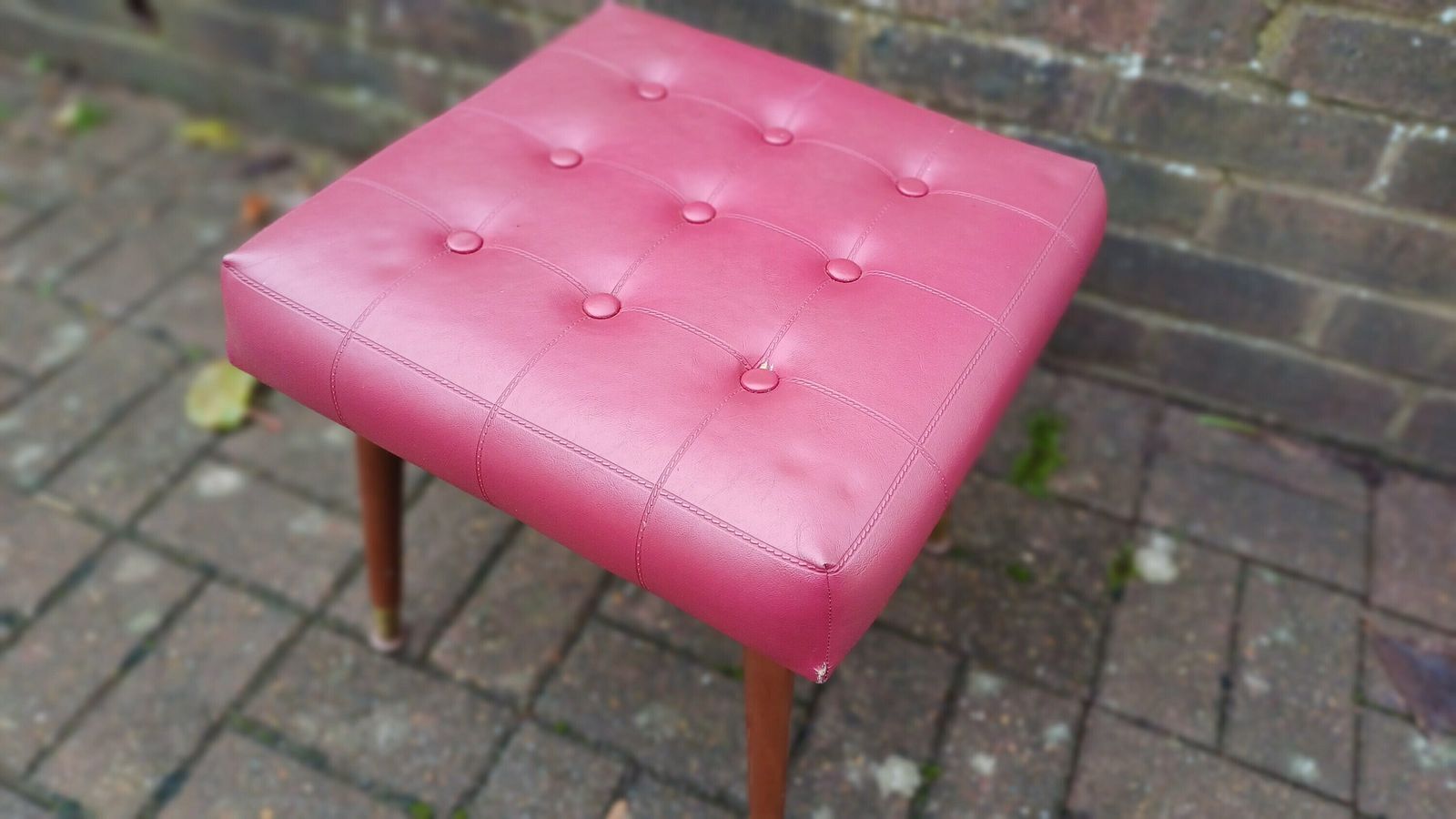 Retro Faux Leather Red Stool On Atomic Legs Red Leatherette Buttoned Metal Feet Authentic Retro photo vinterior