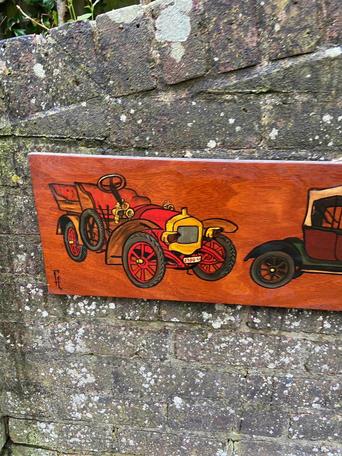 Vintage Cars On Blockwood Acrylic Painting   Mixed Media With Pyrography And Acrylic Paint, Circa 1970s   Long Horizontal Painting photo furniture