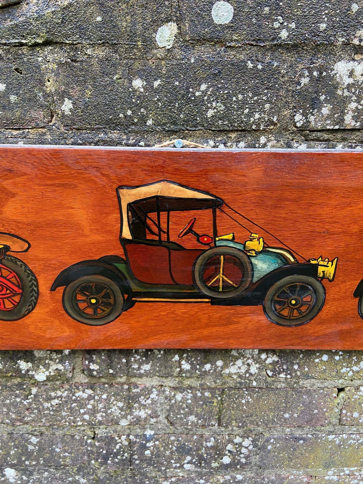 Vintage Cars On Blockwood Acrylic Painting   Mixed Media With Pyrography And Acrylic Paint, Circa 1970s   Long Horizontal Painting photo for sale