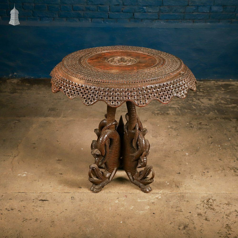Carved Burmese Side Table, Serpent Base With Pierced Floral Circular Top photo for sale
