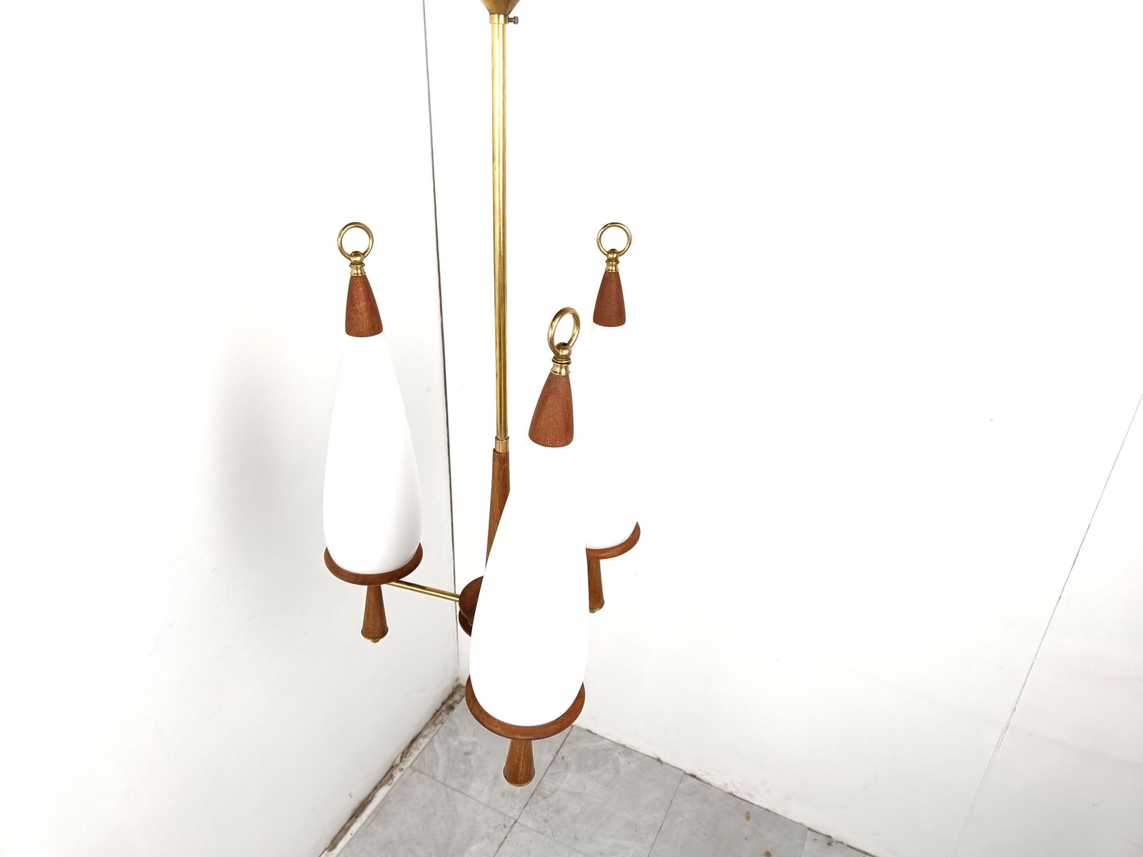 Vintage Teak Chandelier With White Glass Shades, 1960s photo for sale