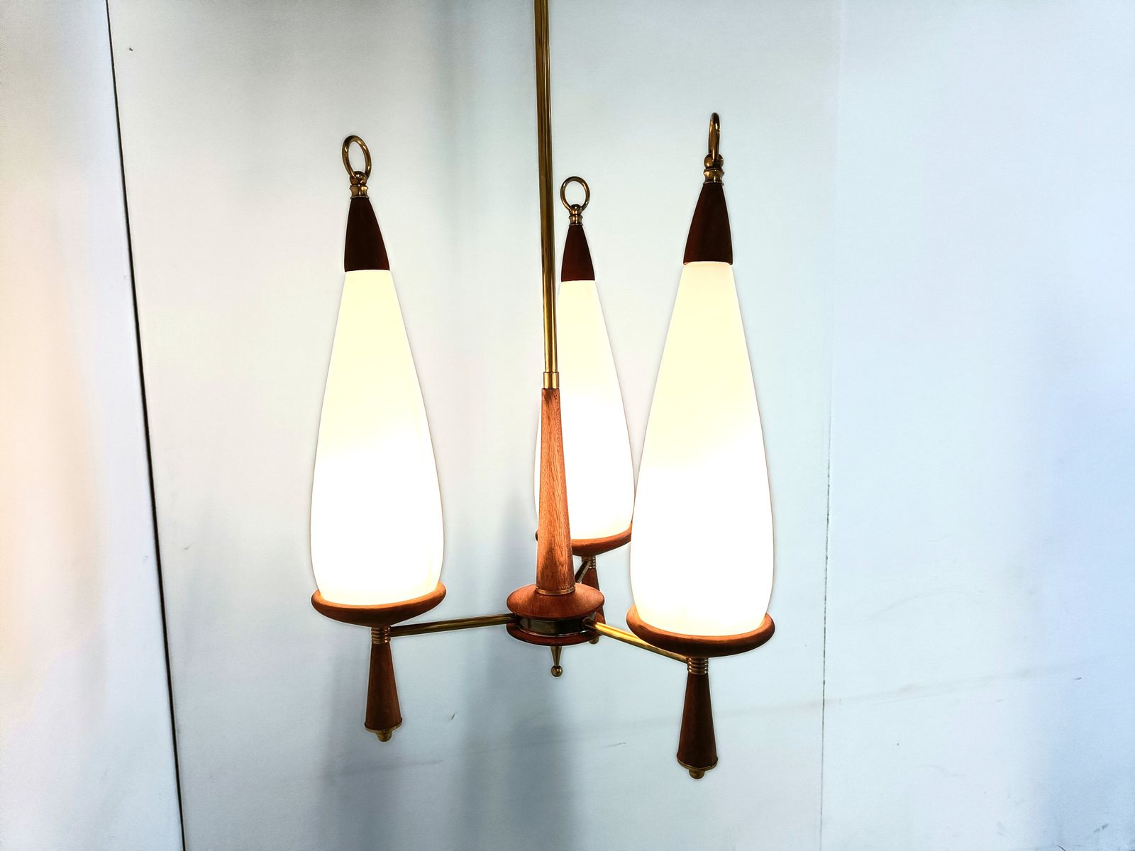 Vintage Teak Chandelier With White Glass Shades, 1960s photo Lighting