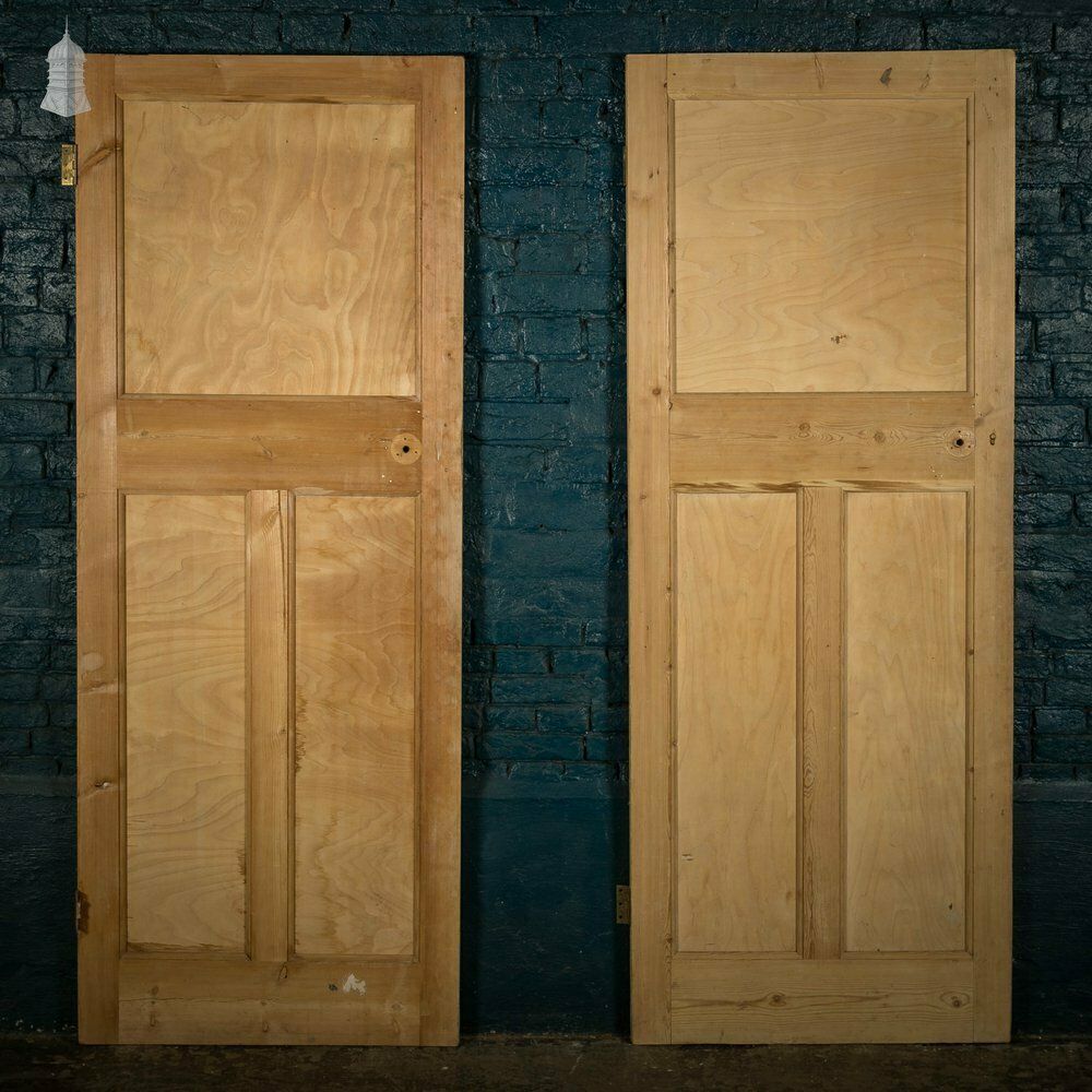 Pine Panelled Door, Moulded 3 Panel Set Of 2 photo vintage