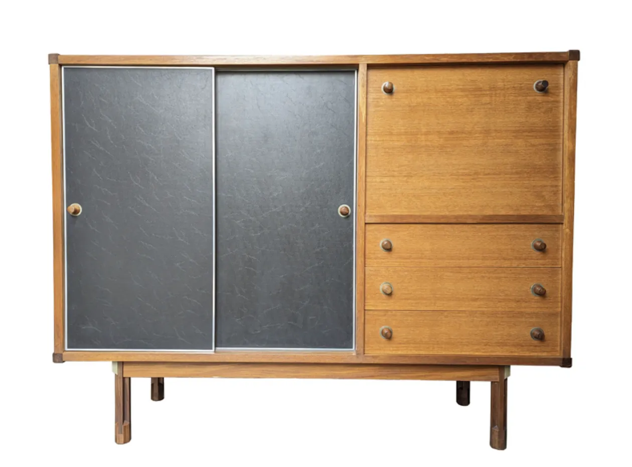 Italian Teakwood & Black Skai 1960s Sideboard By G. Coslin For 3v Arredamenti