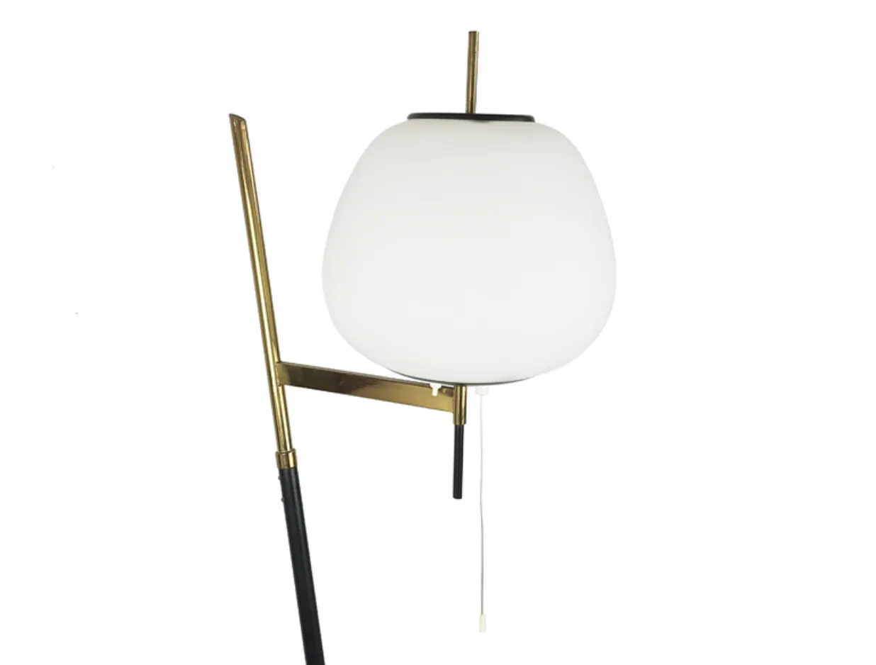photo buy Black Metal, Brass & White Glass Floor Lamp Attrib. To Stilnovo, 1950s