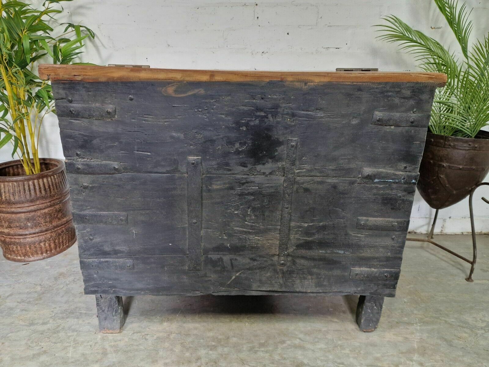 Large Vintage Antique Indian Banded Wooden Dowry Chest Trunk photo vintage