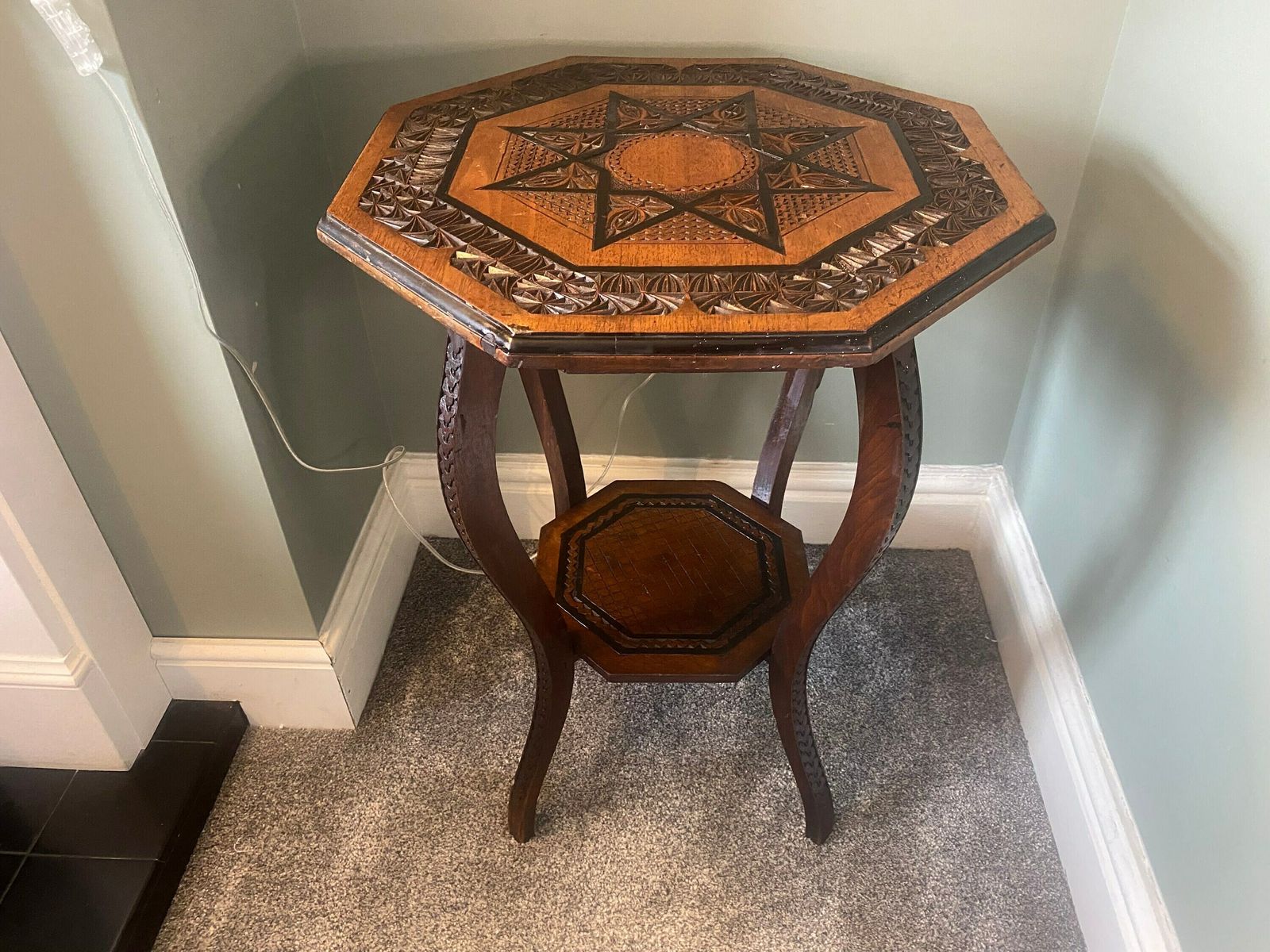 photo furniture Antique Victorian Hexagonal Side Table With Carved Details Vintage Console Table