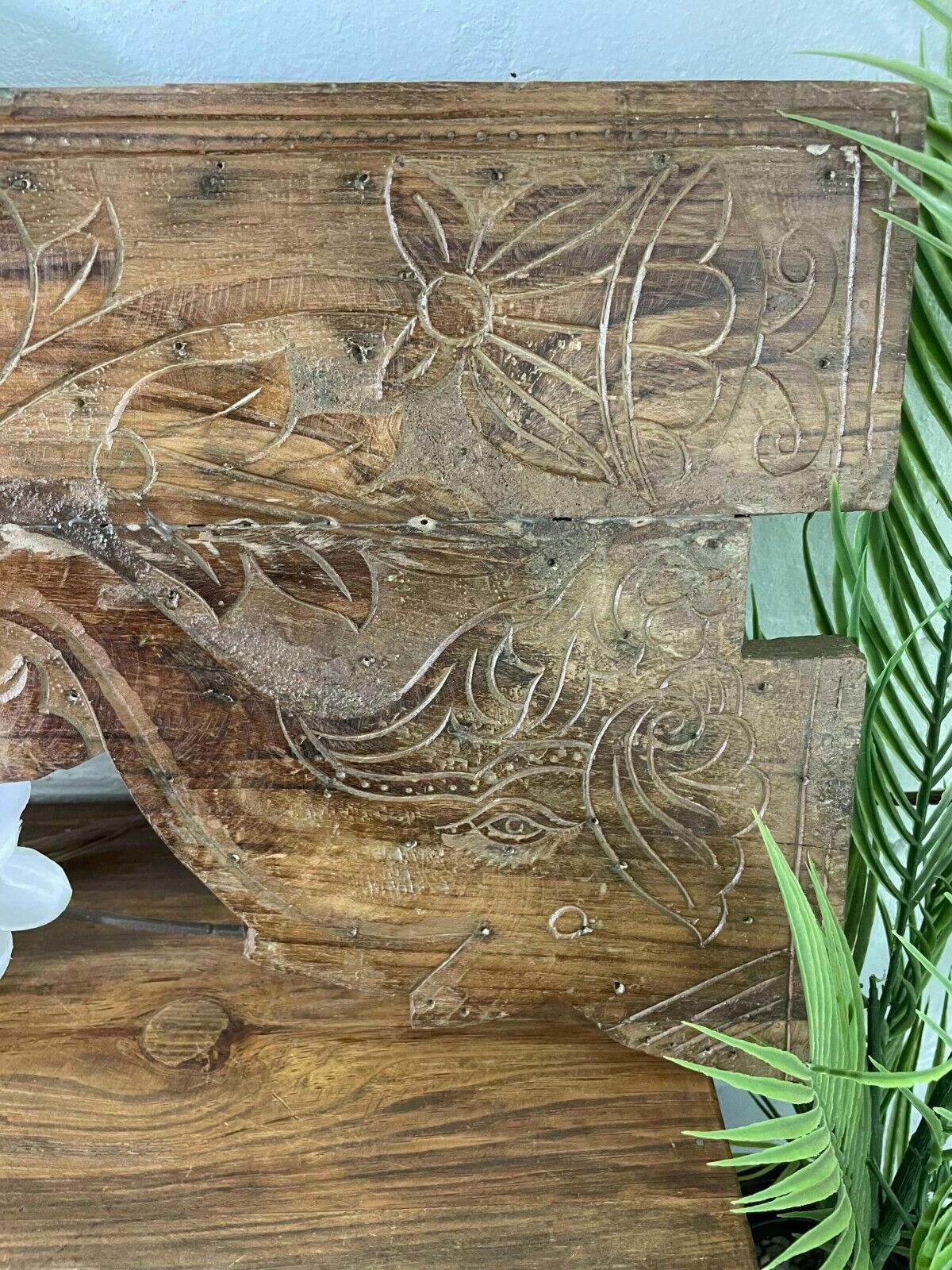 Vintage Antique Indian Hand Carved Solid Wood Floral Sign Plaque Bed Head Board photo vinterior