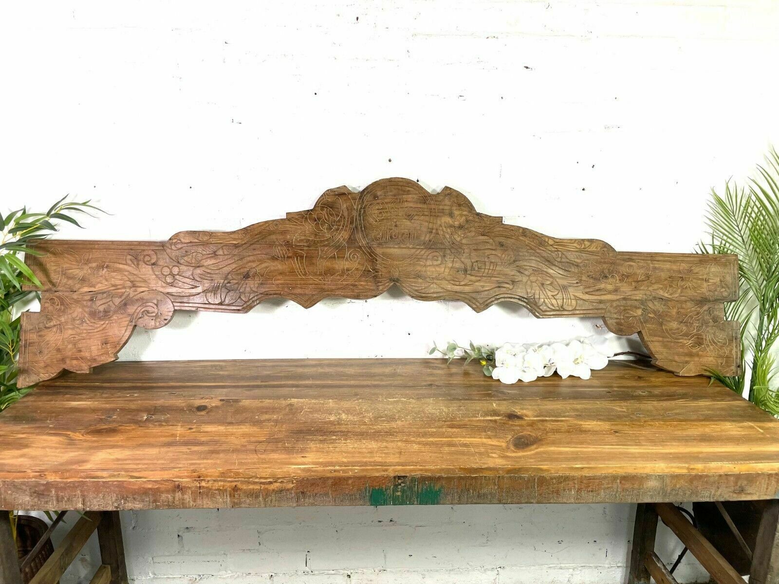 Vintage Antique Indian Hand Carved Solid Wood Floral Sign Plaque Bed Head Board photo buy