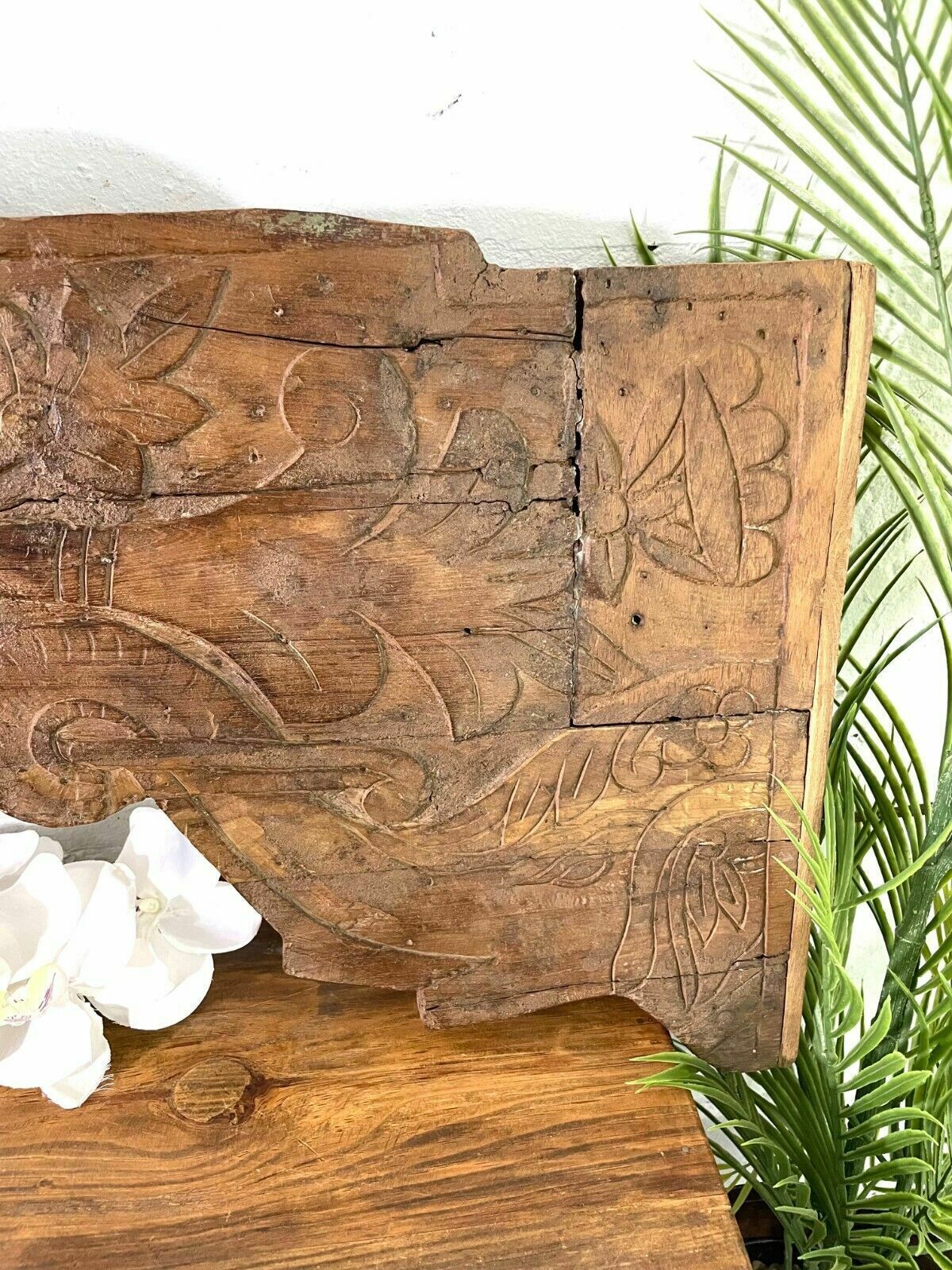 Vintage Antique Indian Hand Carved Solid Wood Floral Sign Plaque Bed Head Board photo Furniture
