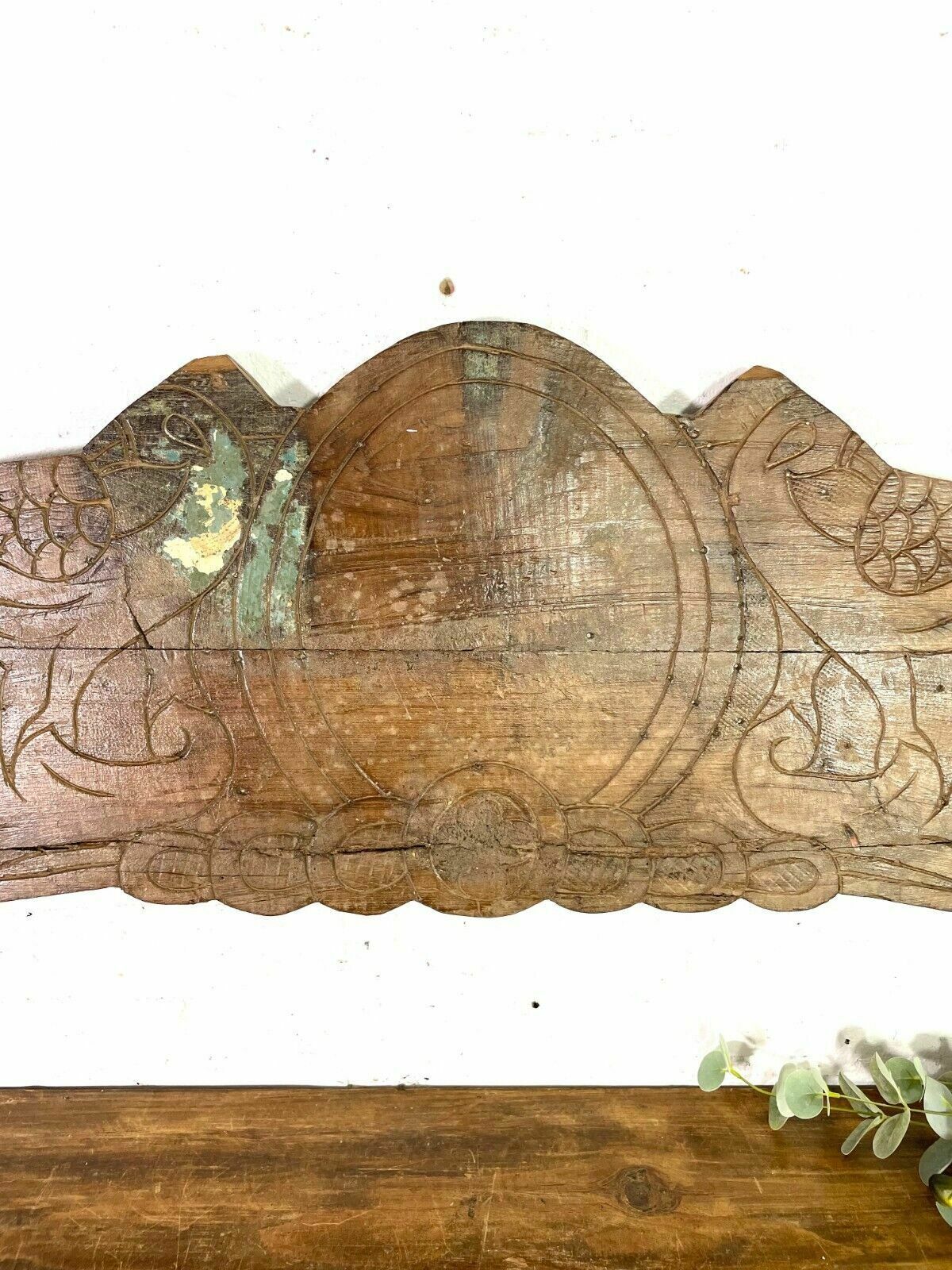 Vintage Antique Indian Hand Carved Solid Wood Floral Sign Plaque Bed Head Board photo vintage