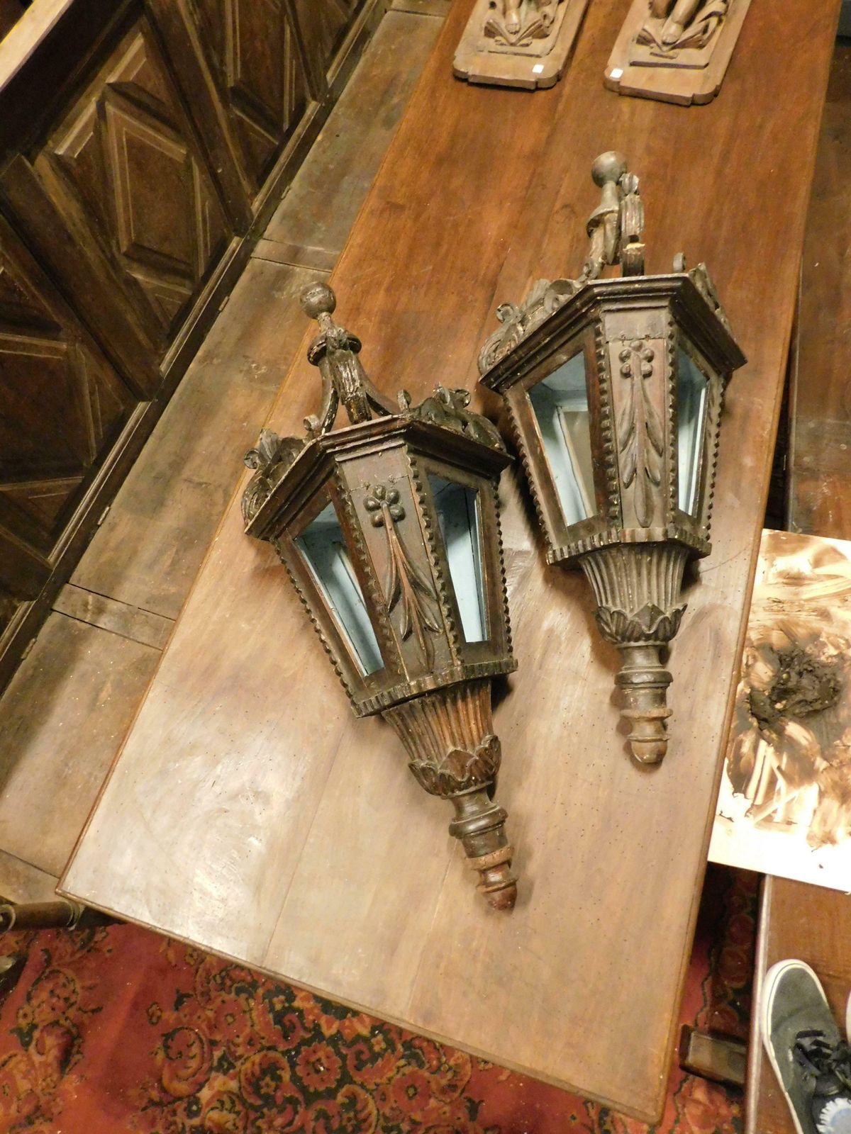 Pair Of Old Big Street Lamps, Procession Lamps In Lacquered Wood, Italy photo vinterior
