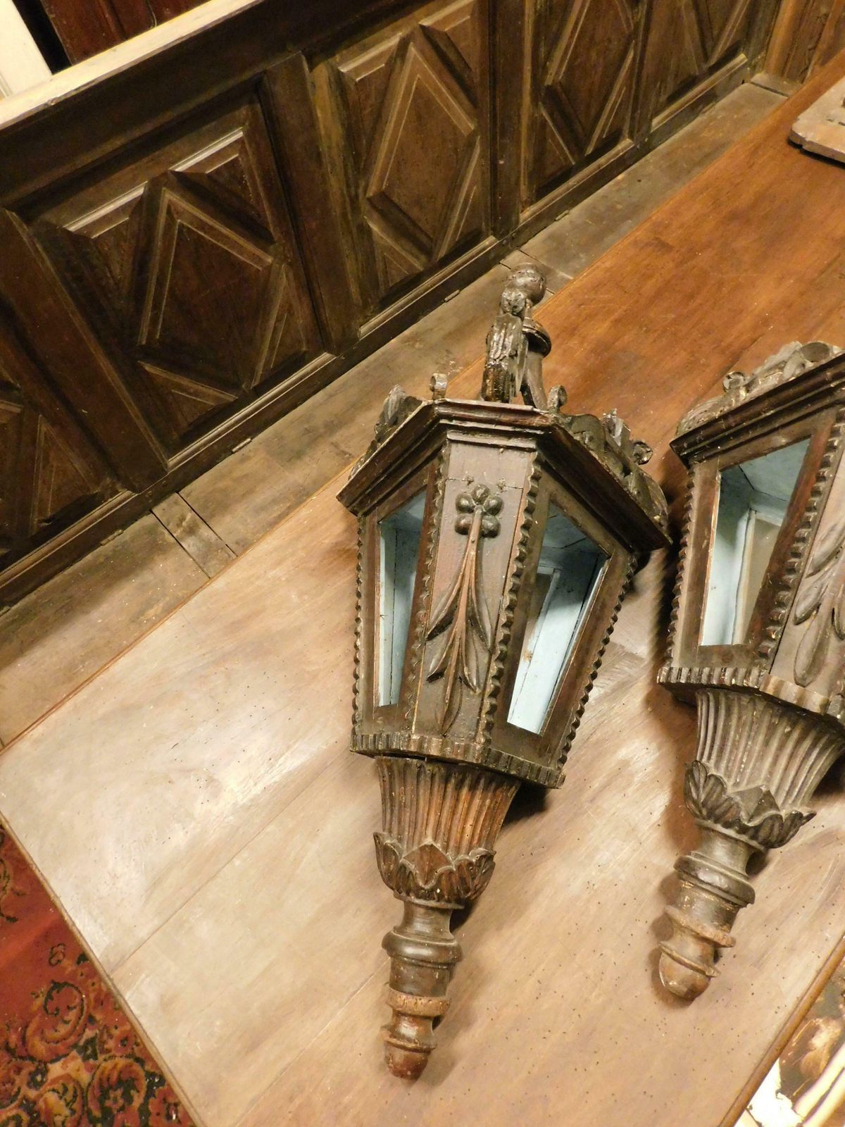 Pair Of Old Big Street Lamps, Procession Lamps In Lacquered Wood, Italy photo buy