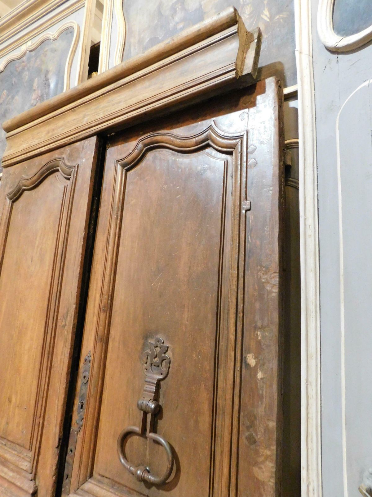 Double Wing Entrance Main Old Door, Carved In Walnut Wood With Beam, Italy photo vintage