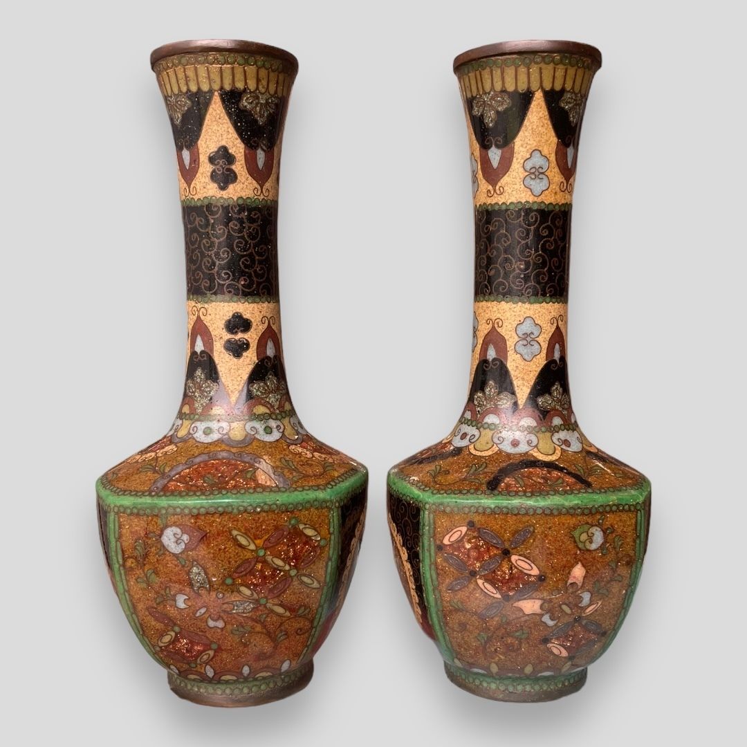 A Pair Of Japanese Cloisonné Mallet Shaped Vases photo vintage