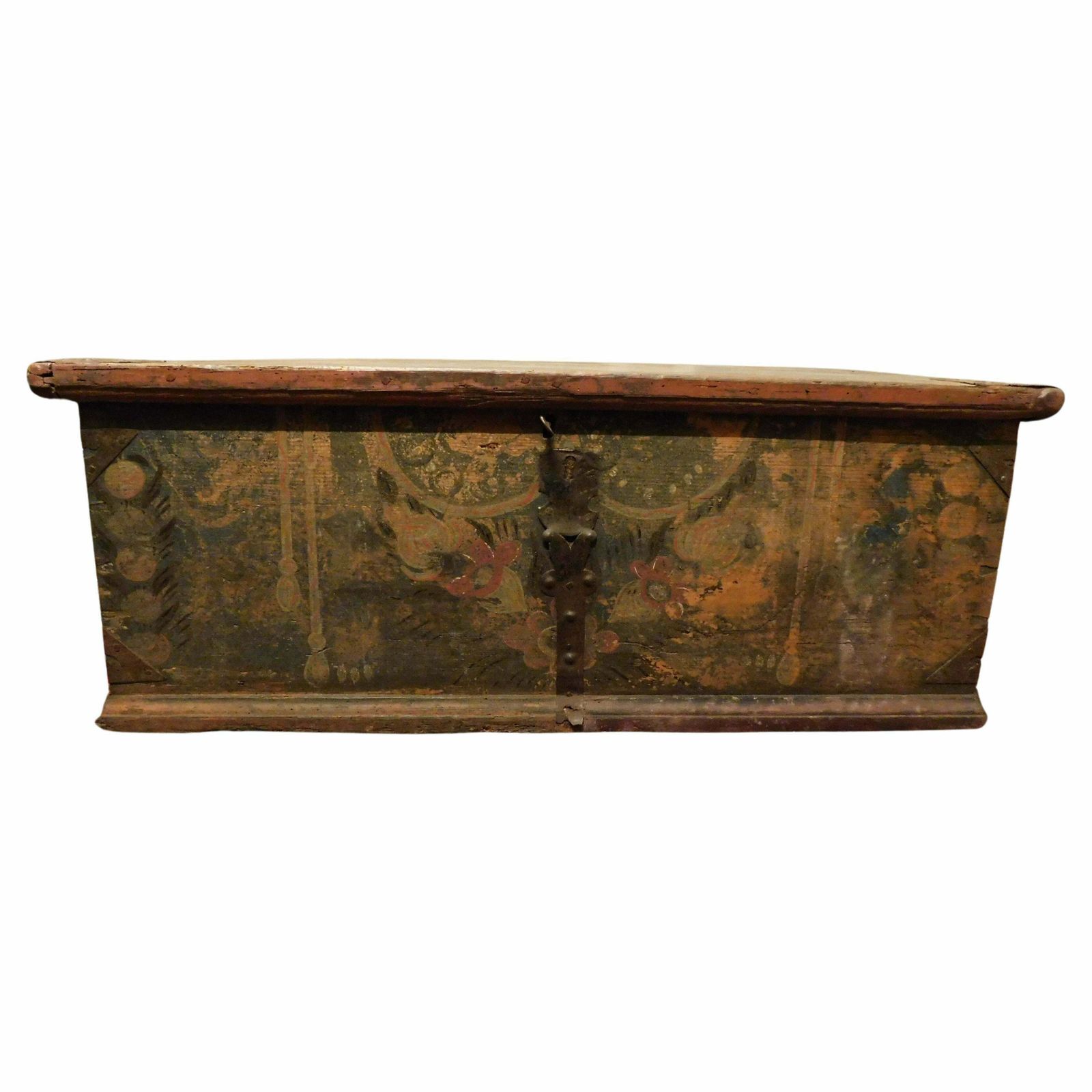 Old Opening Chest, Lacquered And Painted On Larch Wood, Italy