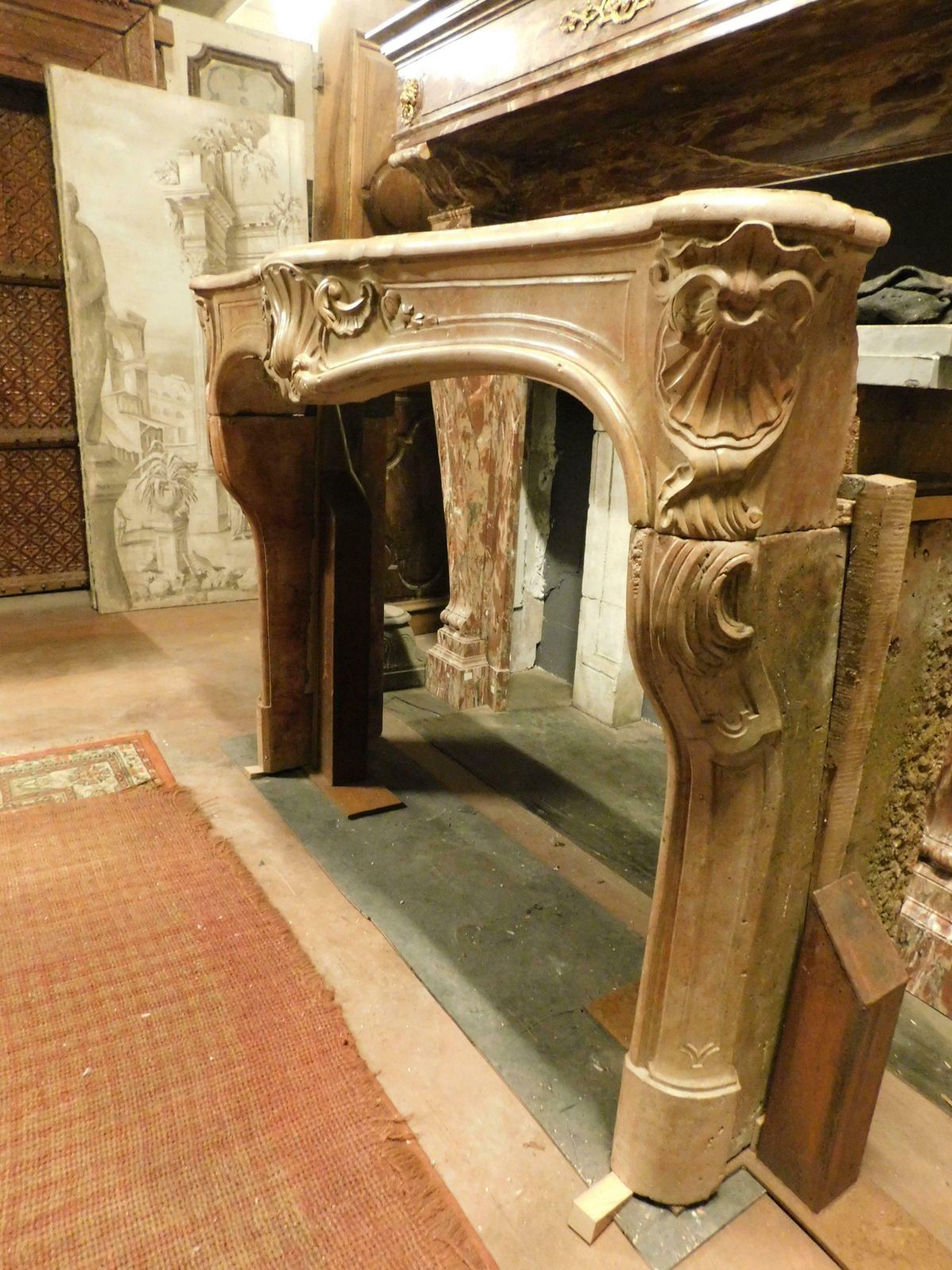 photo for sale French Fireplace Mantle In "Rosso Verona" Marble, Carved With Shell