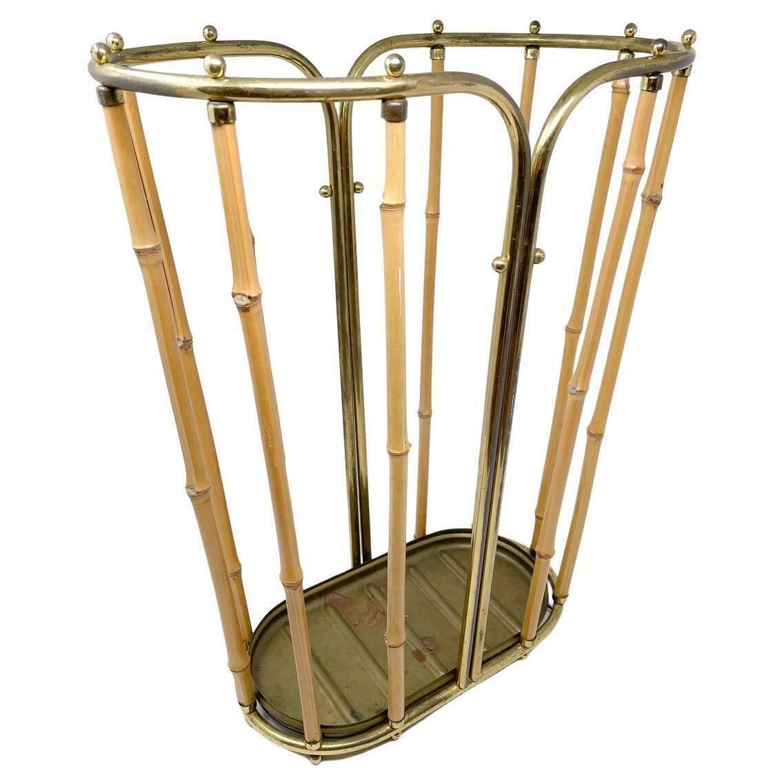 Mid Century Moder Bamboo And Brass Umbrella Stand, 1950s