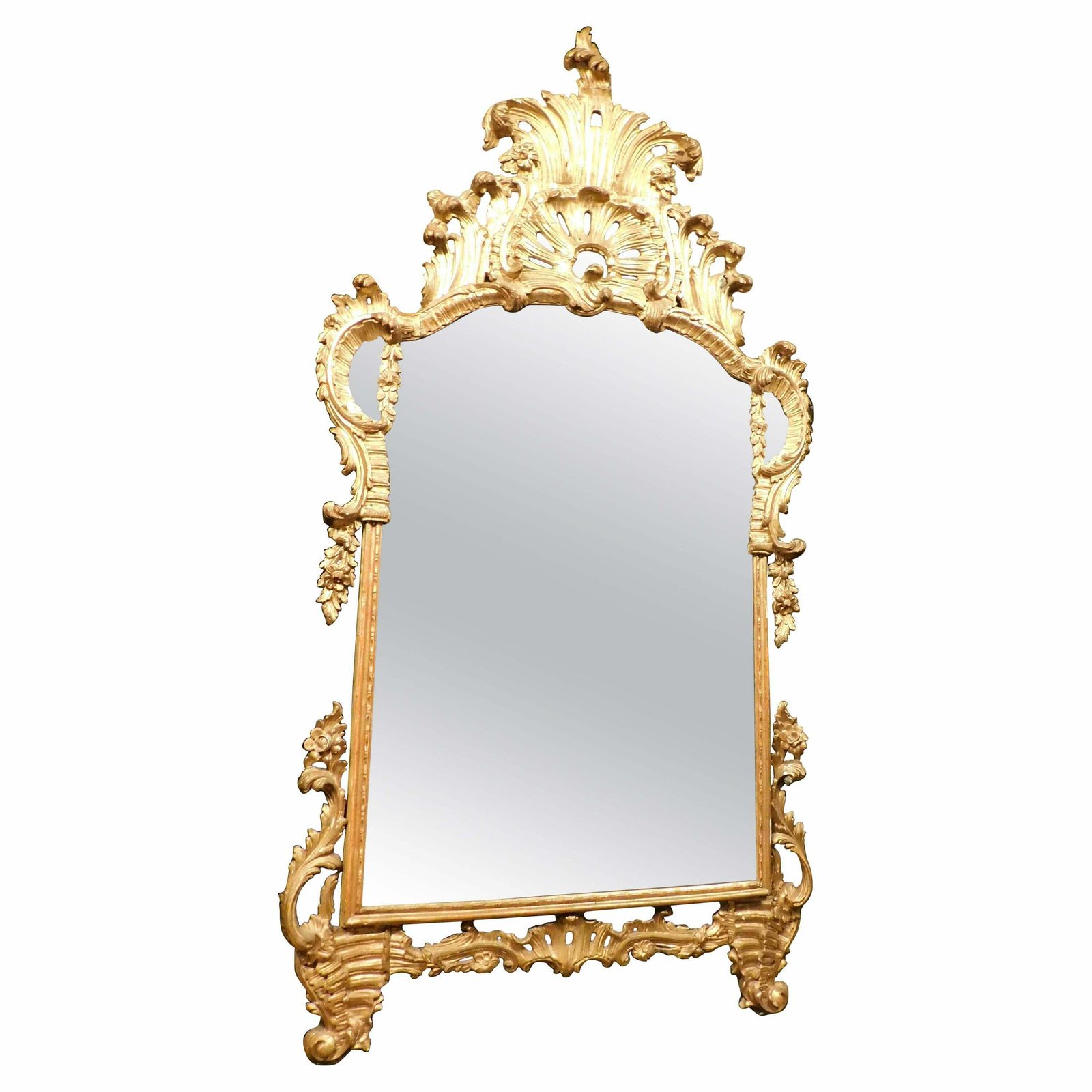 Ancient Gilded Wooden Mirror With Richly Carved Cymatium, Italy