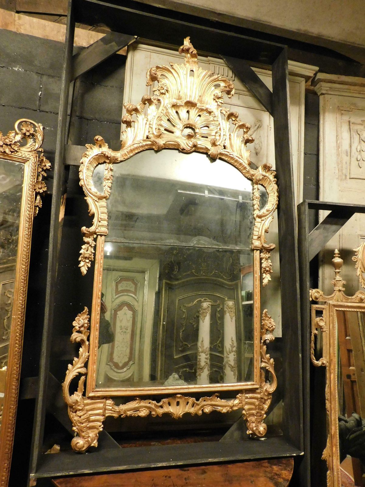 Ancient Gilded Wooden Mirror With Richly Carved Cymatium, Italy photo furniture