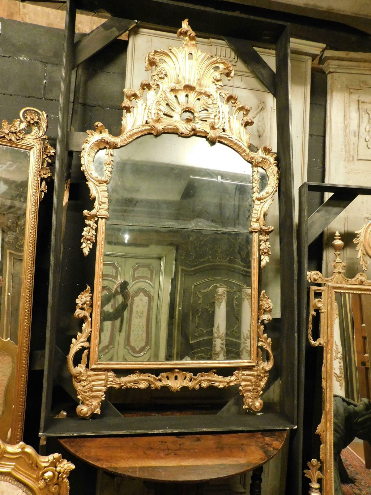 Ancient Gilded Wooden Mirror With Richly Carved Cymatium, Italy photo 7754.0