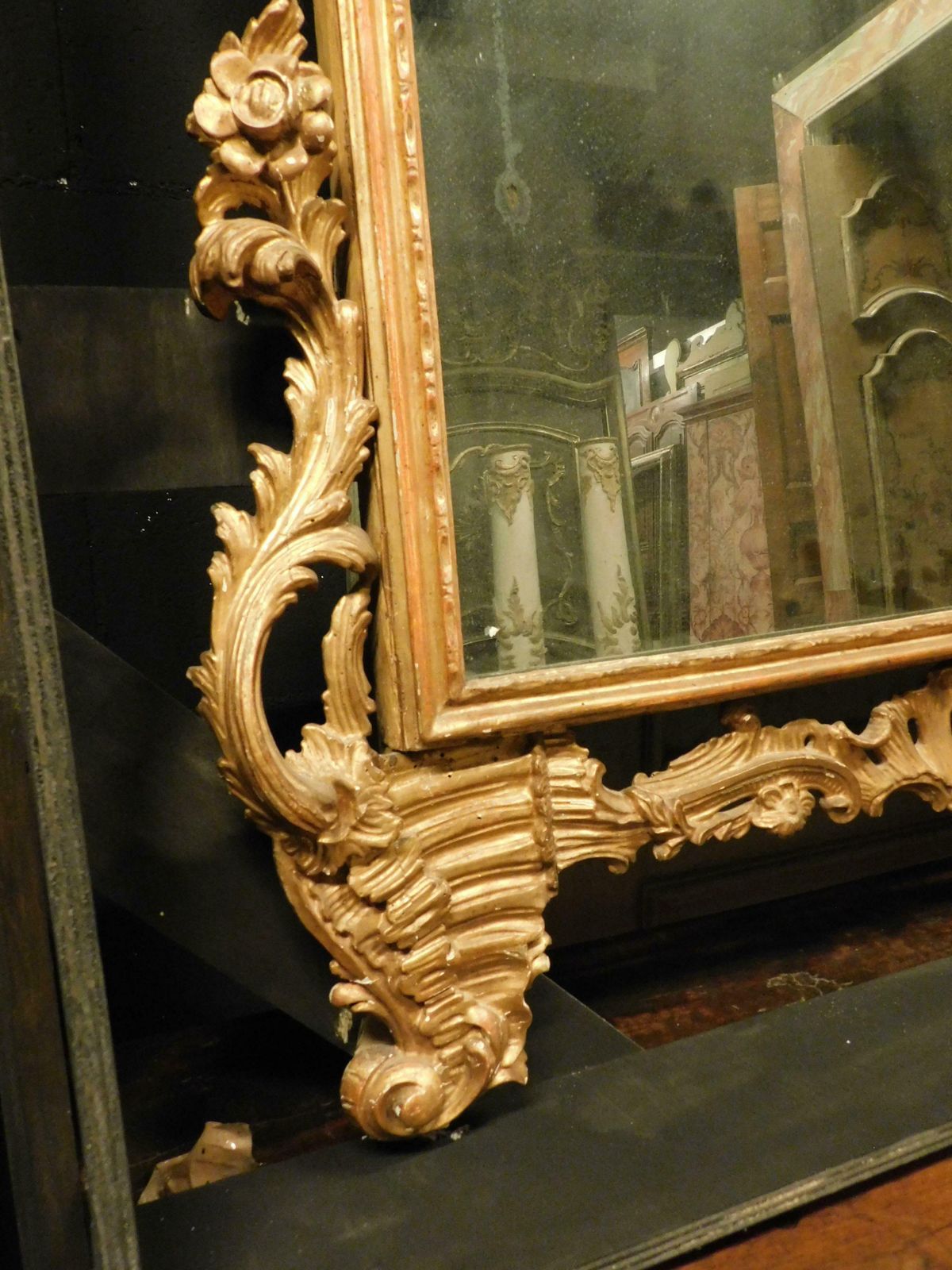 Ancient Gilded Wooden Mirror With Richly Carved Cymatium, Italy photo buy
