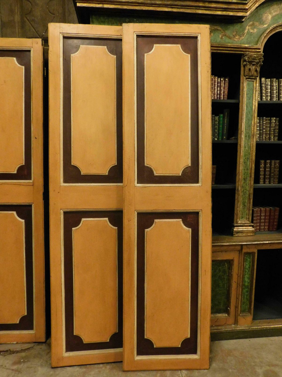 N.3 Double Wing Lacquered Old Doors, Painted And Panels In Relief, Italy photo vintage
