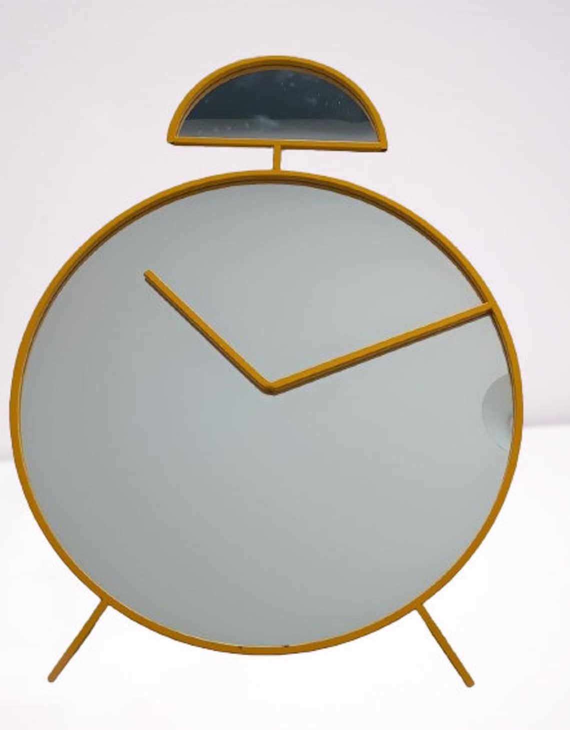 Large Mirror In The Shape Of An Alarm Clock, Yellow Metal Frame For The Wall, Pop Art Design, Memphis Style