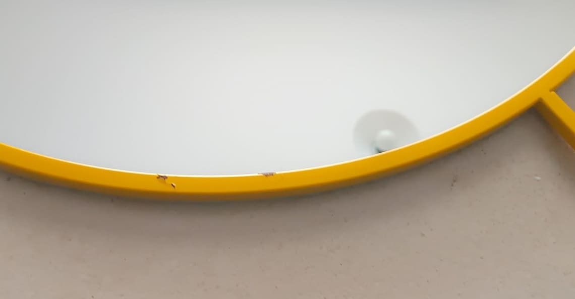 Large Mirror In The Shape Of An Alarm Clock, Yellow Metal Frame For The Wall, Pop Art Design, Memphis Style photo for sale
